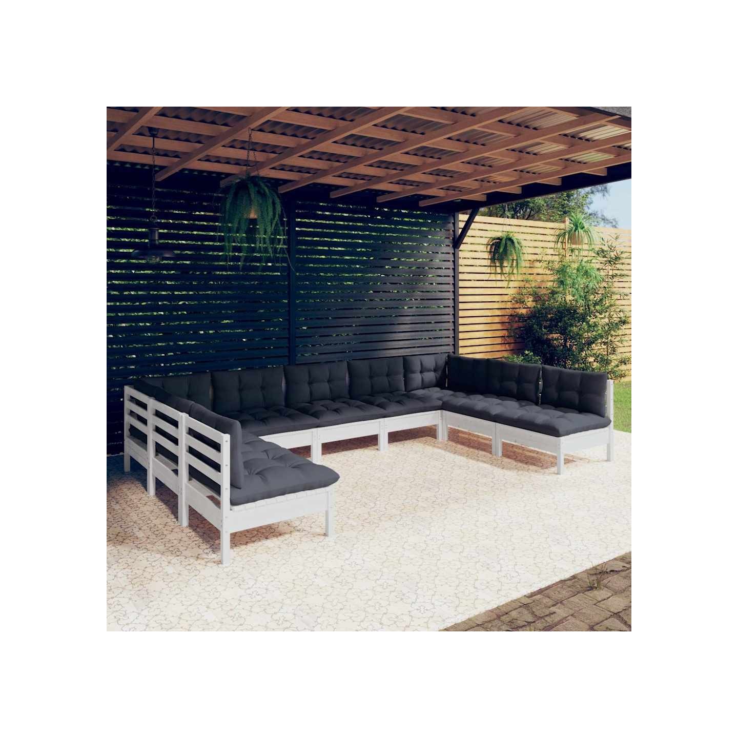 Salon de jardin 9 pcs avec coussins blanc bois de pin massif