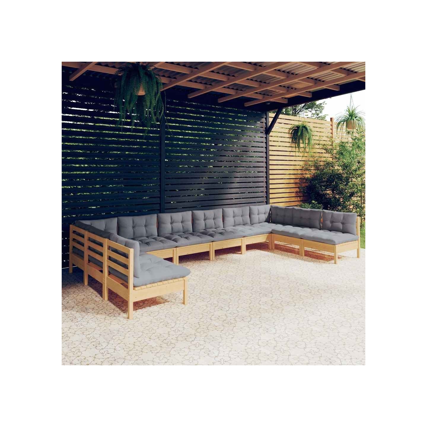 Salon de jardin 10 pcs avec coussins gris bois de pin massif