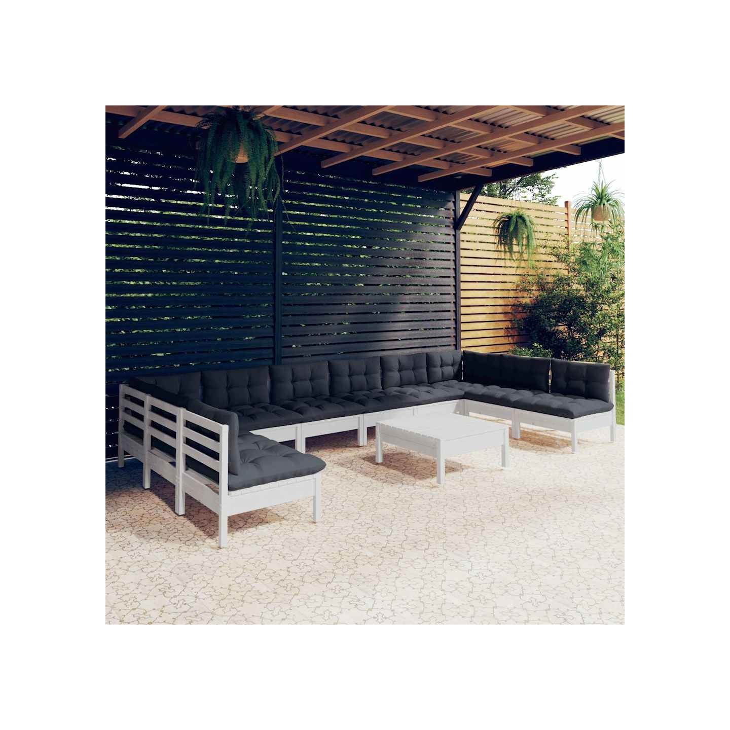 Salon de jardin 11 pcs avec coussins blanc bois de pin solide