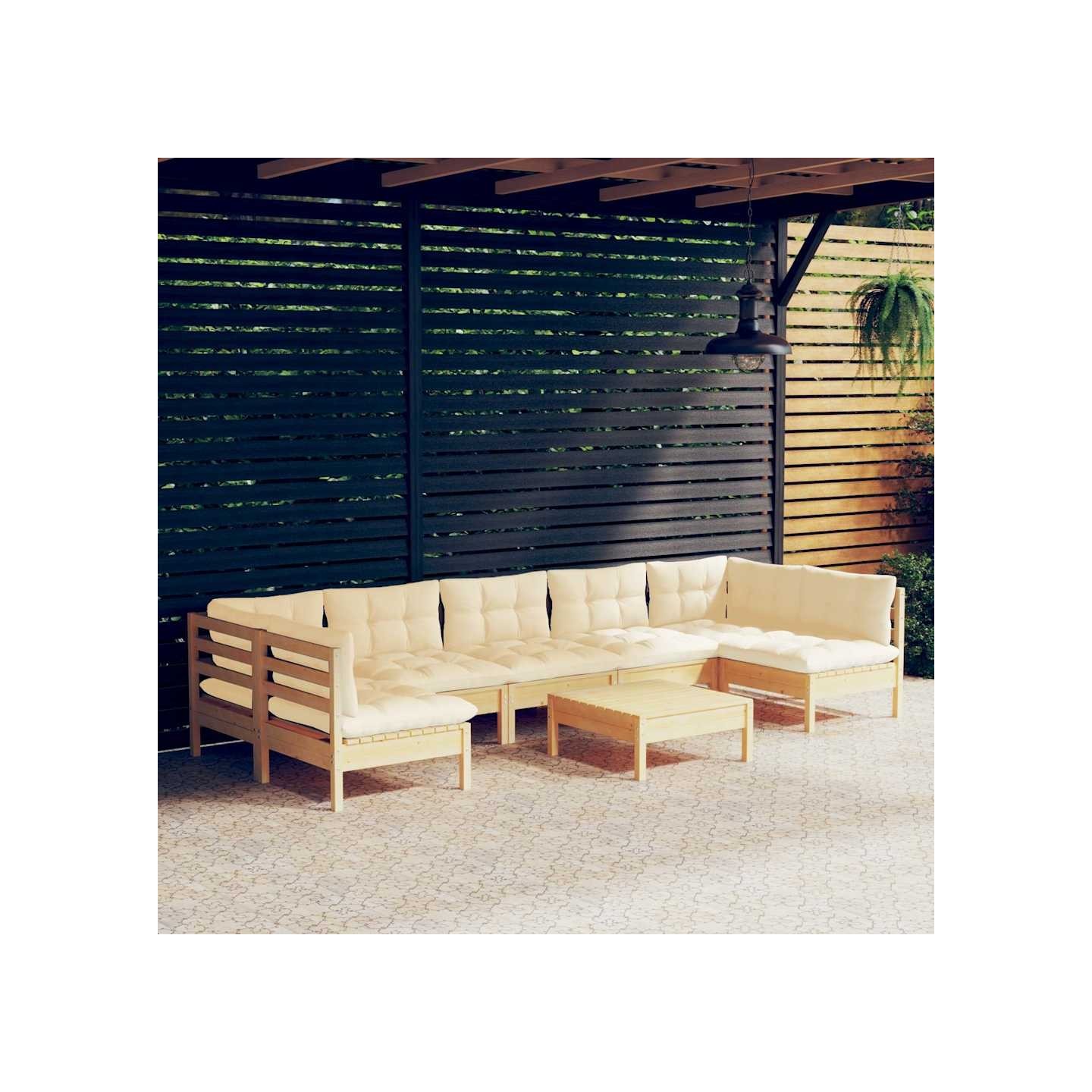 Salon de jardin 8 pcs avec coussins crème Bois de pin massif