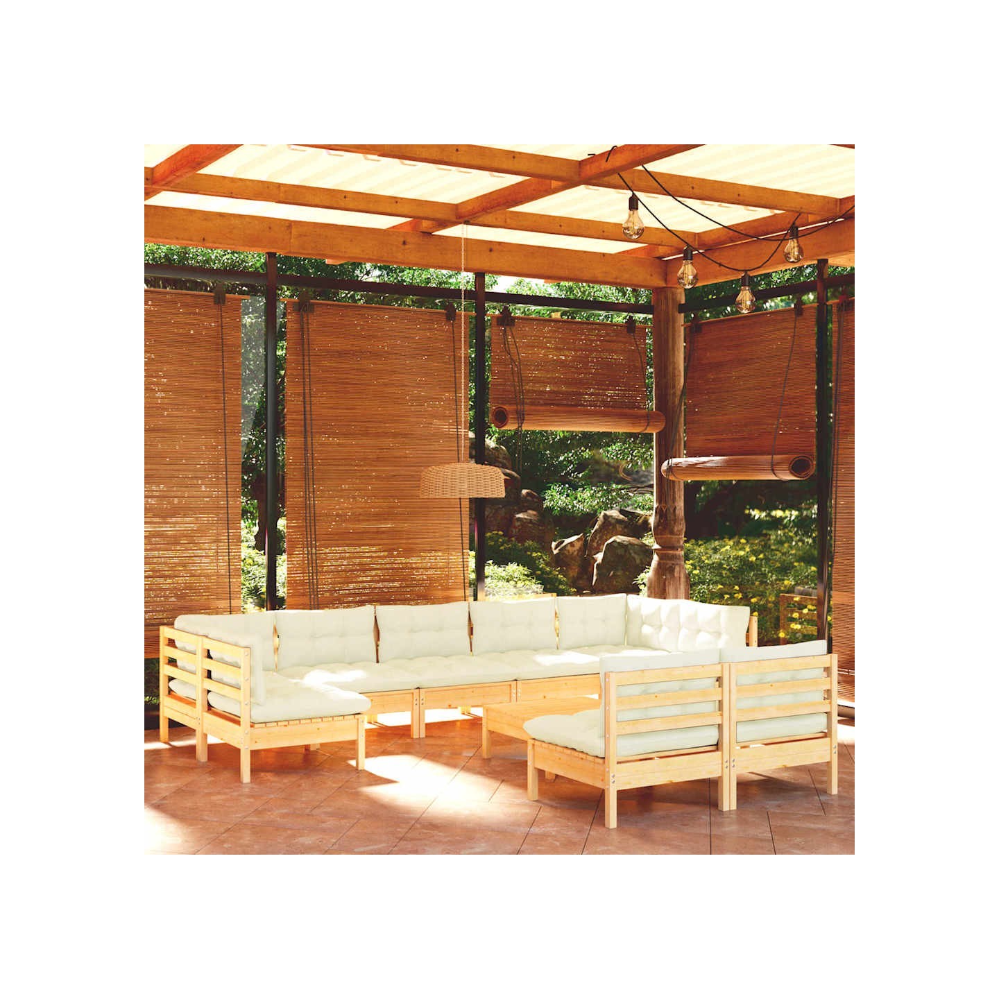 Salon de jardin 10 pcs avec coussins crème bois de pin massif