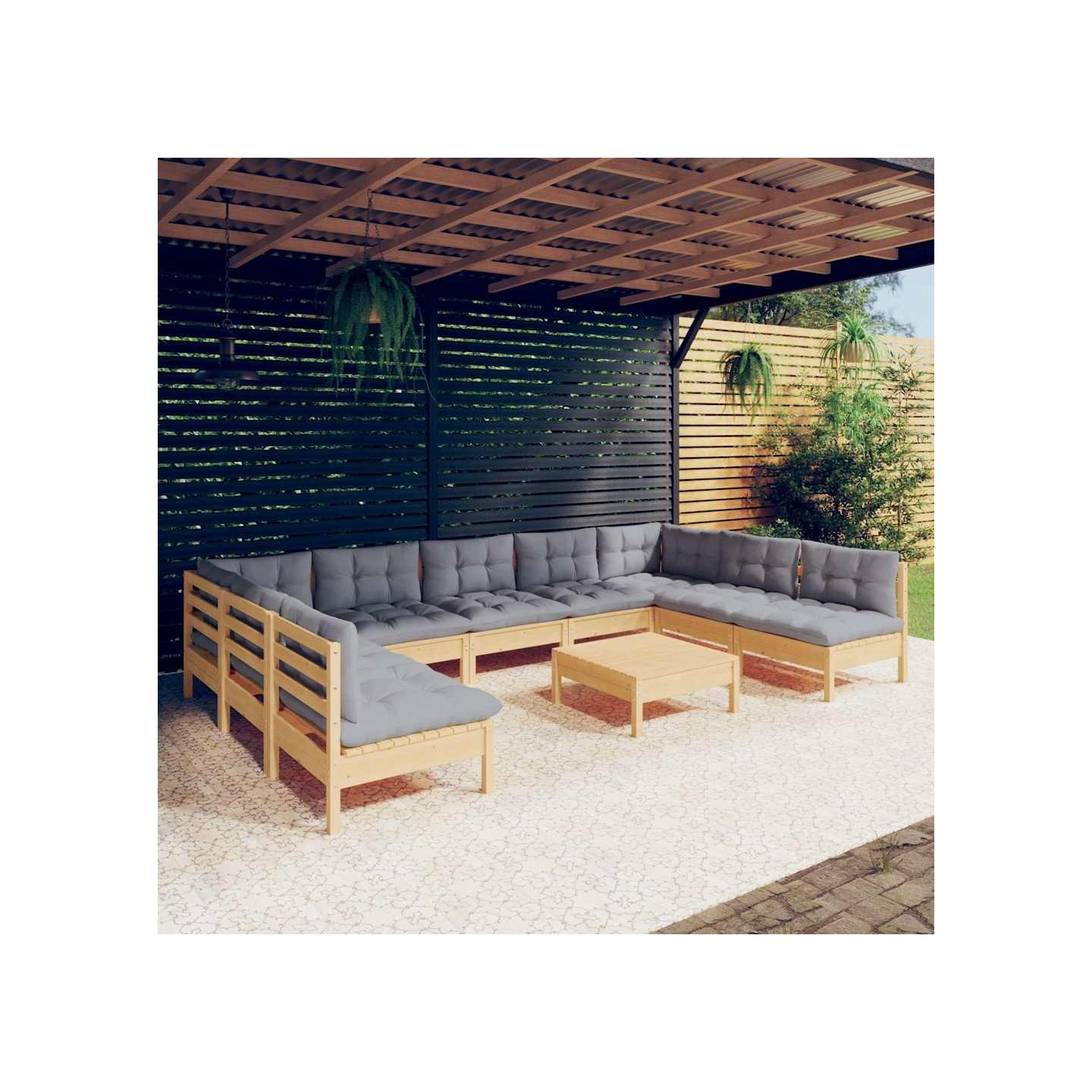 Salon de jardin 10 pcs avec coussins gris bois de pin massif