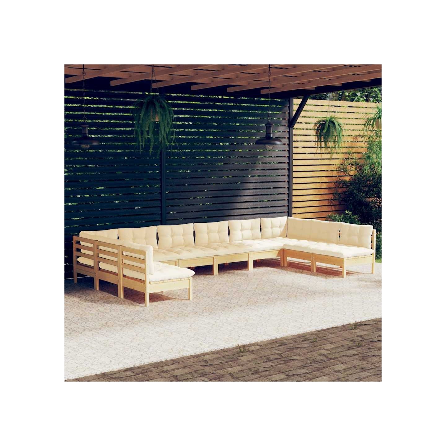 Salon de jardin 10 pcs avec coussins crème bois de pin massif