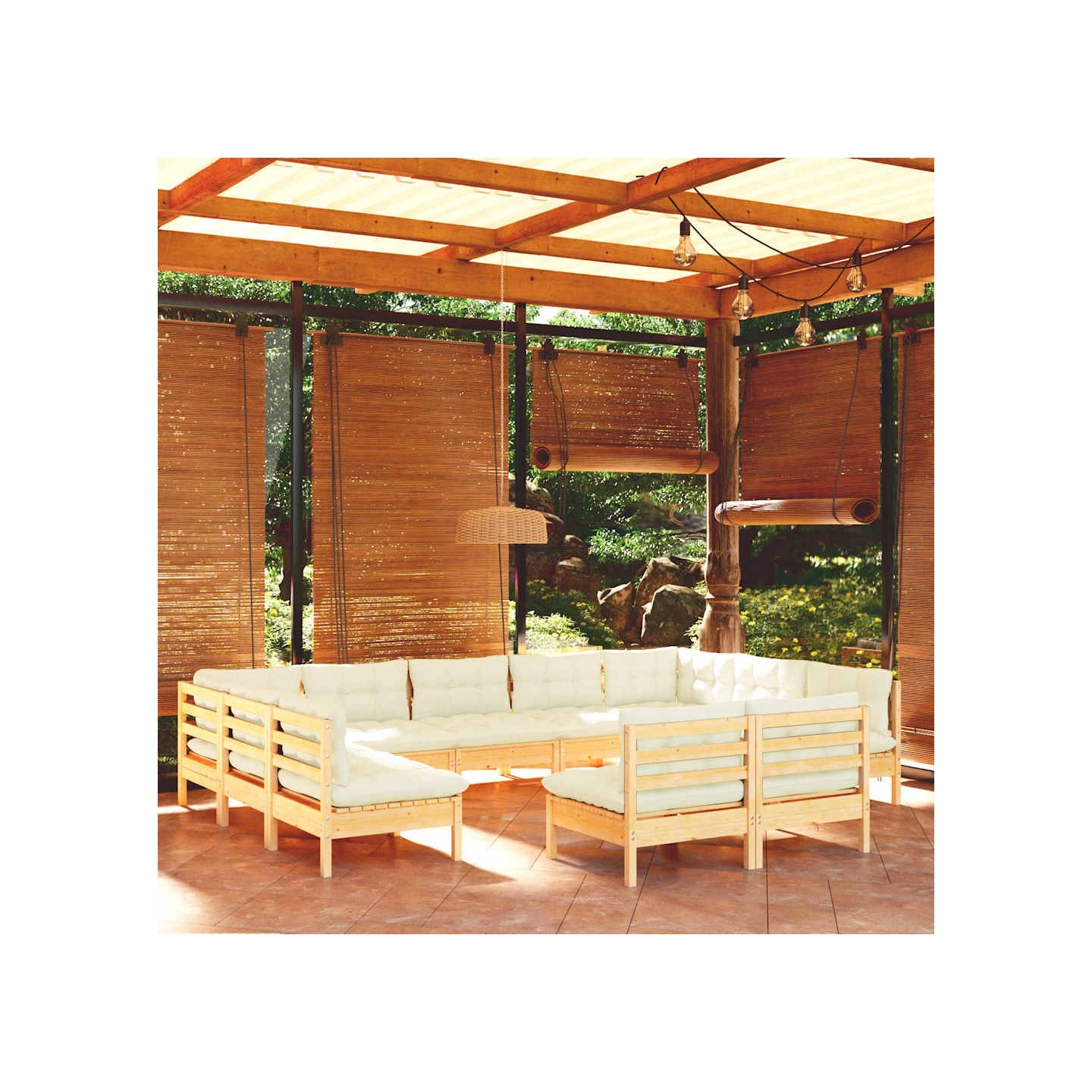 Salon de jardin 11 pcs avec coussins crème Bois de pin solide