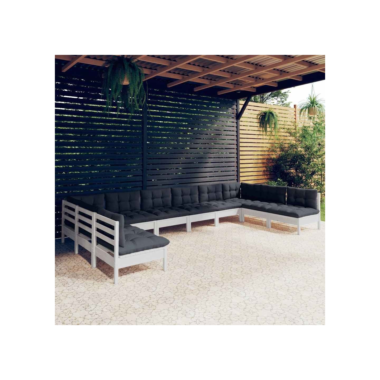 Salon de jardin 10 pcs avec coussins blanc bois de pin massif