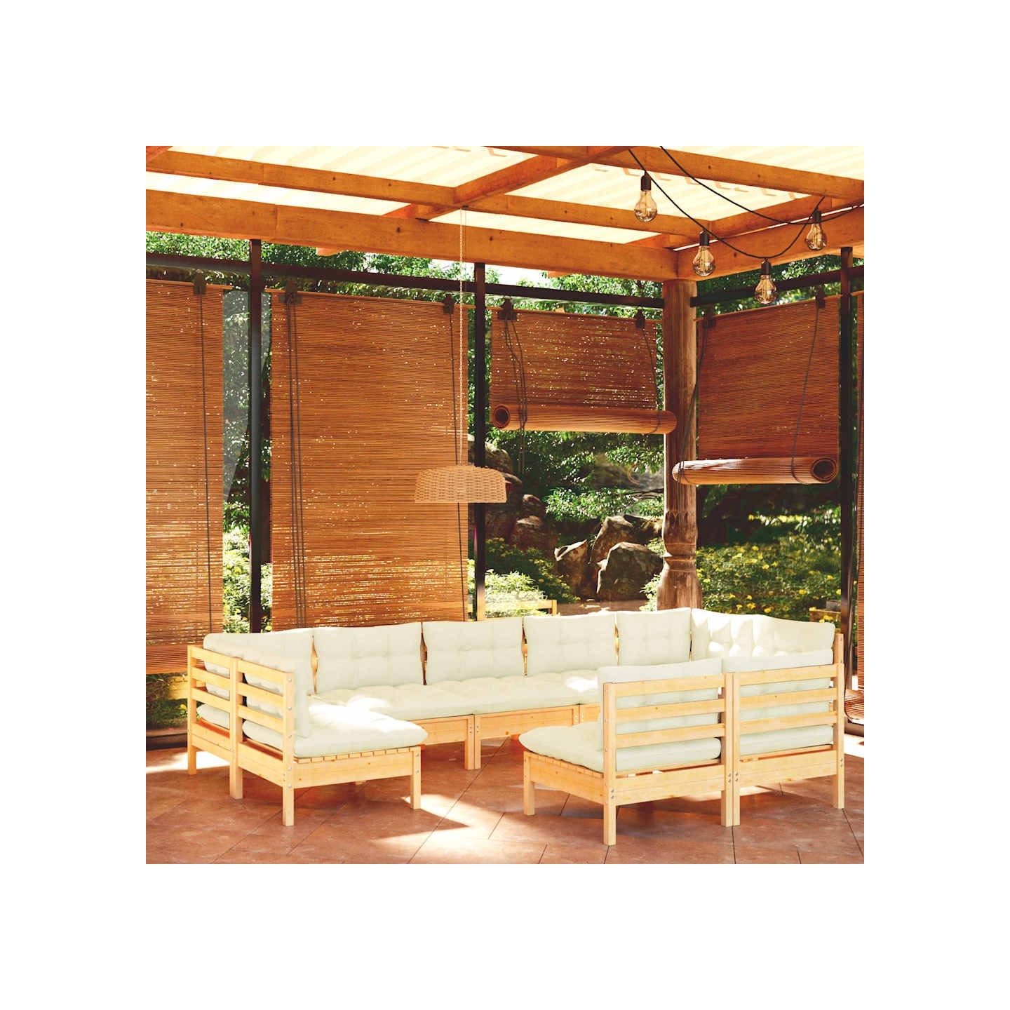 Salon de jardin 9 pcs avec coussins crème bois de pin massif