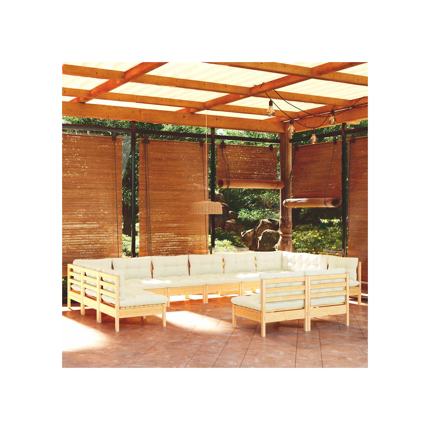 Salon de jardin 12 pcs avec coussins crème Bois de pin massif