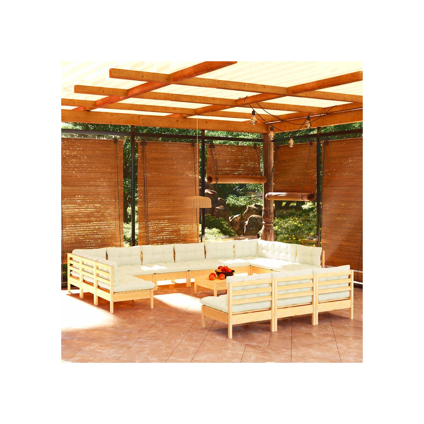 Salon de jardin 14 pcs avec coussins crème Bois de pin solide