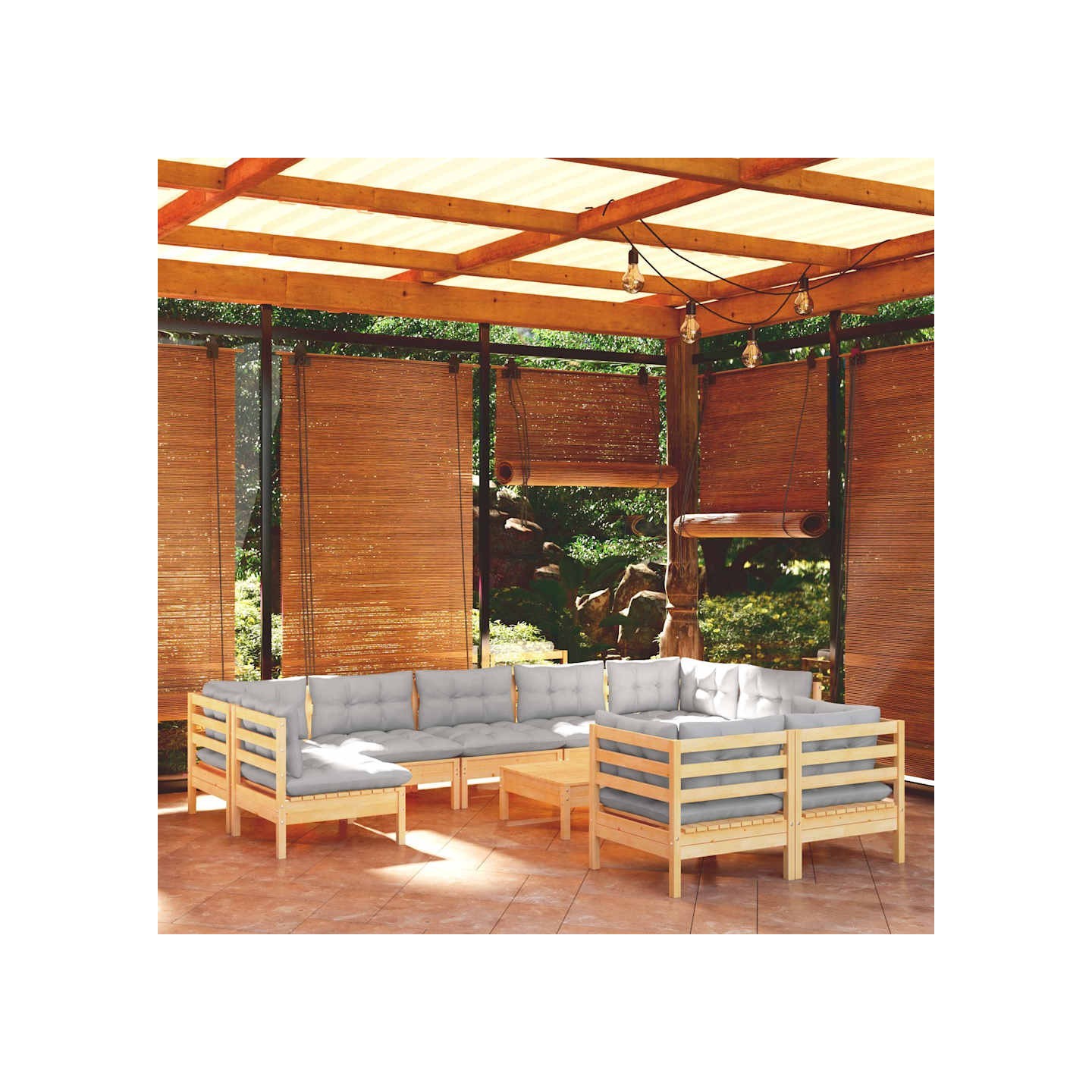 Salon de jardin 10 pcs avec coussins gris bois de pin massif