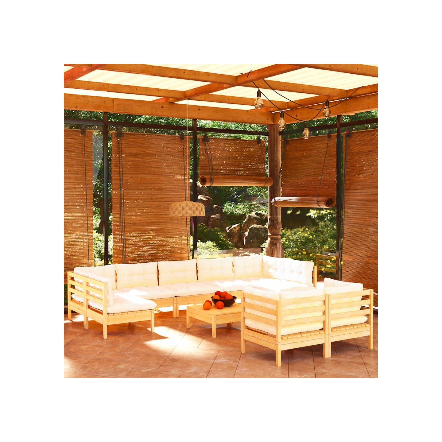 Salon de jardin 10 pcs avec coussins crème bois de pin massif