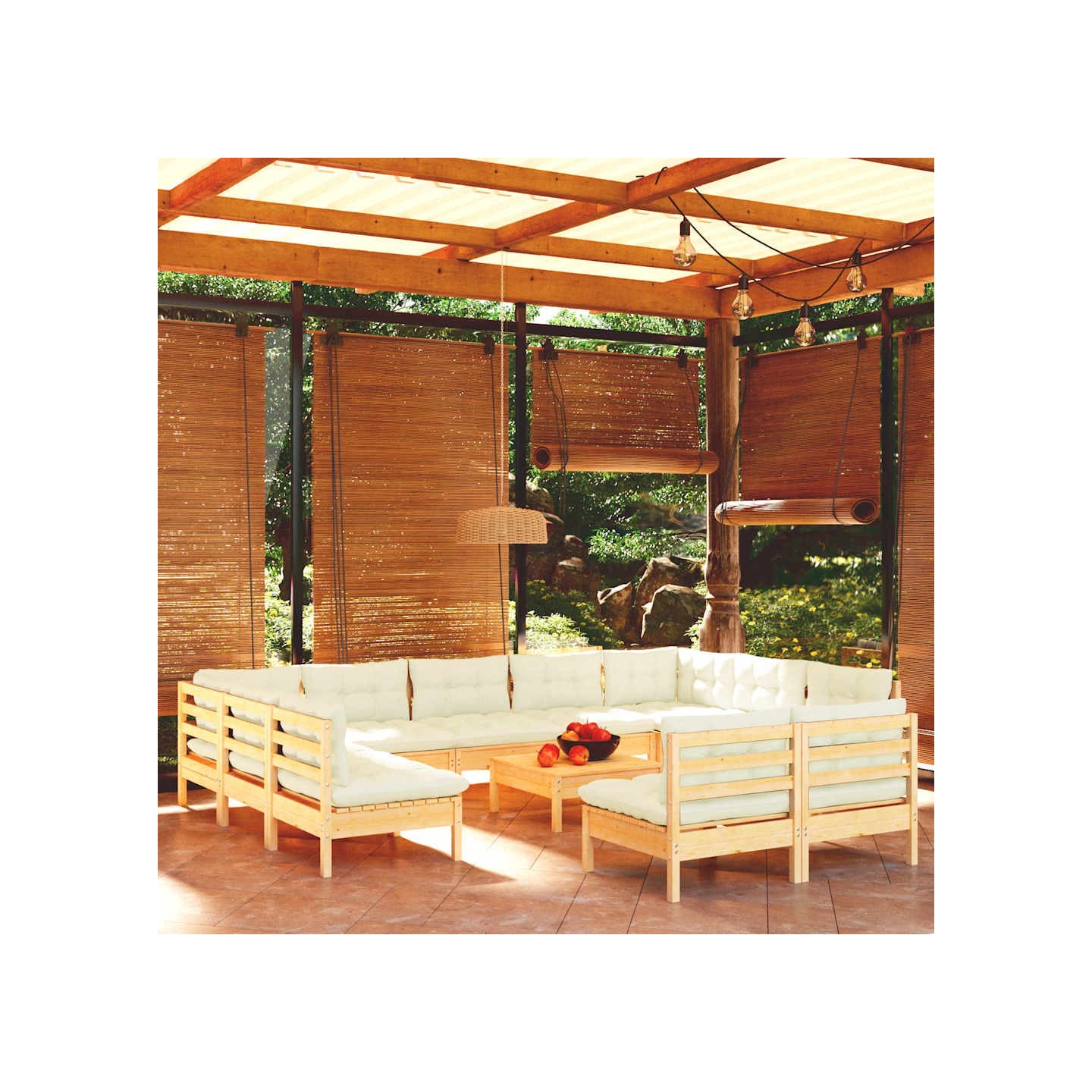 Salon de jardin 12 pcs avec coussins crème Bois de pin massif