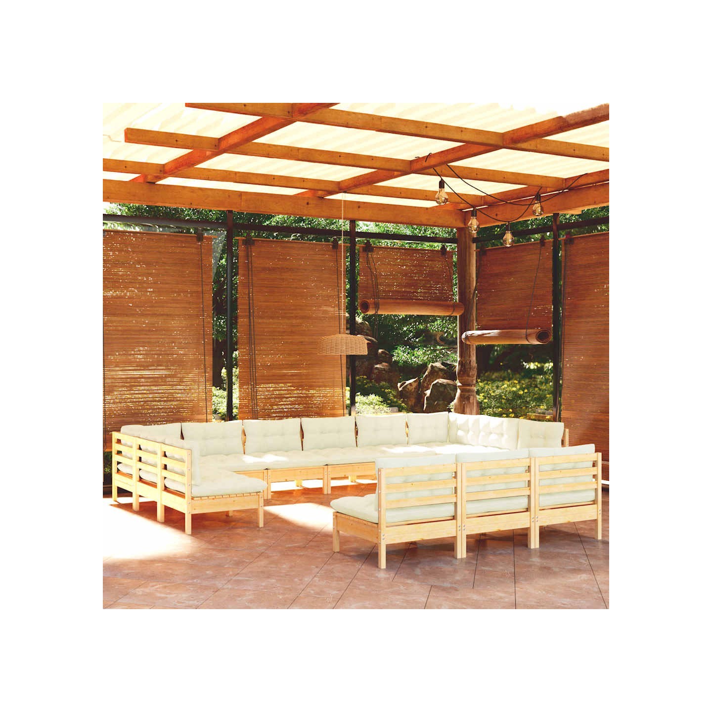 Salon de jardin 13 pcs avec coussins crème Bois de pin solide