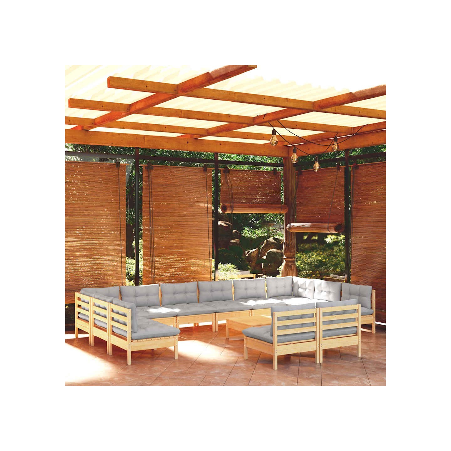 Salon de jardin 13 pcs avec coussins gris Bois de pin solide