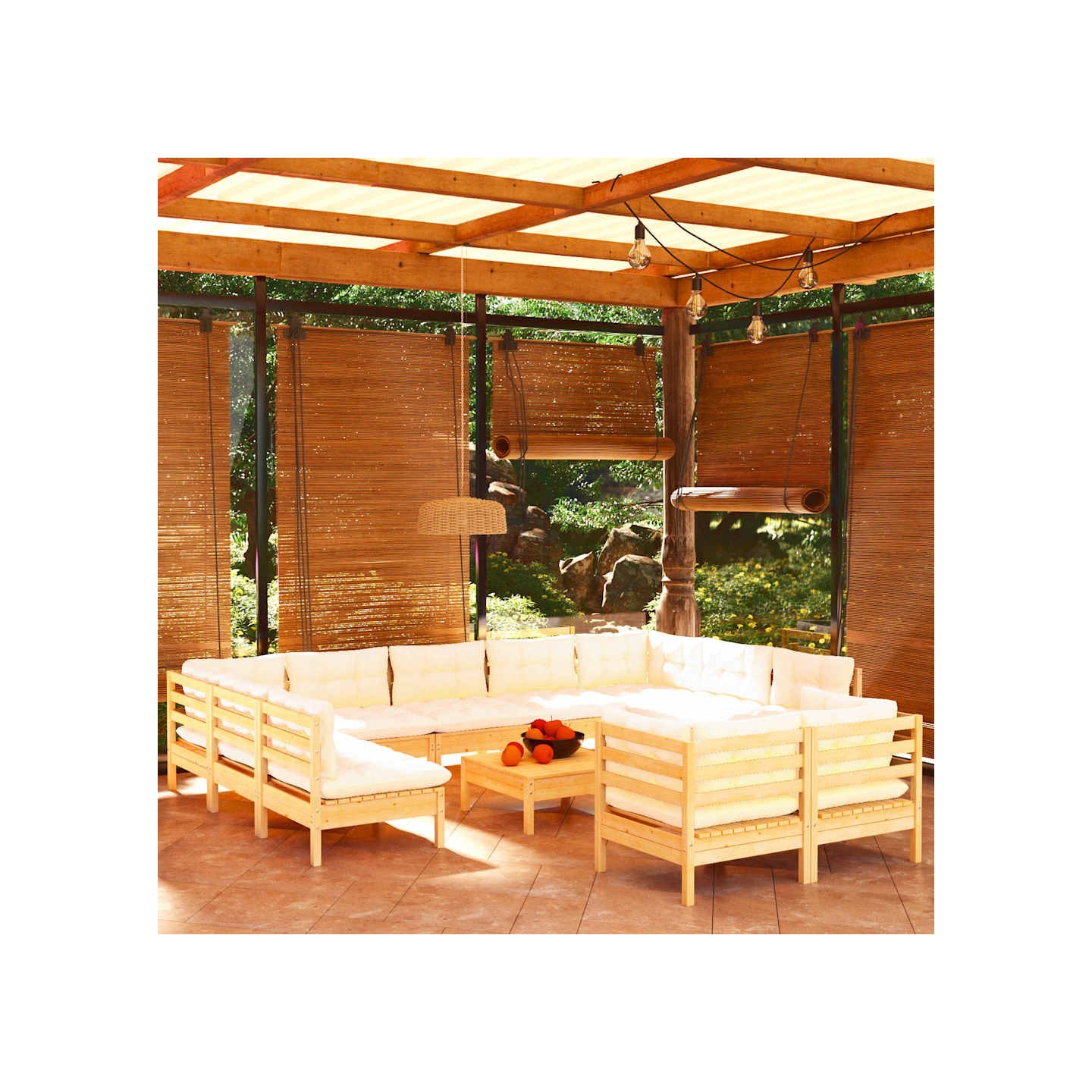 Salon de jardin 12 pcs avec coussins crème Bois de pin massif