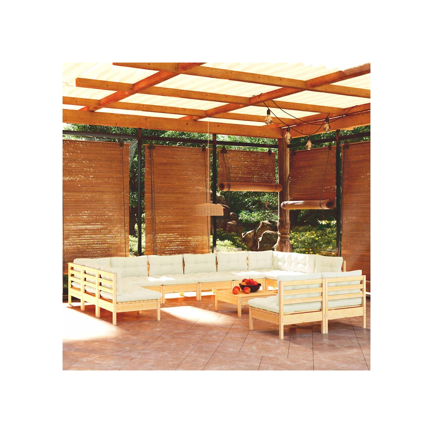 Salon de jardin 13 pcs avec coussins crème Bois de pin solide