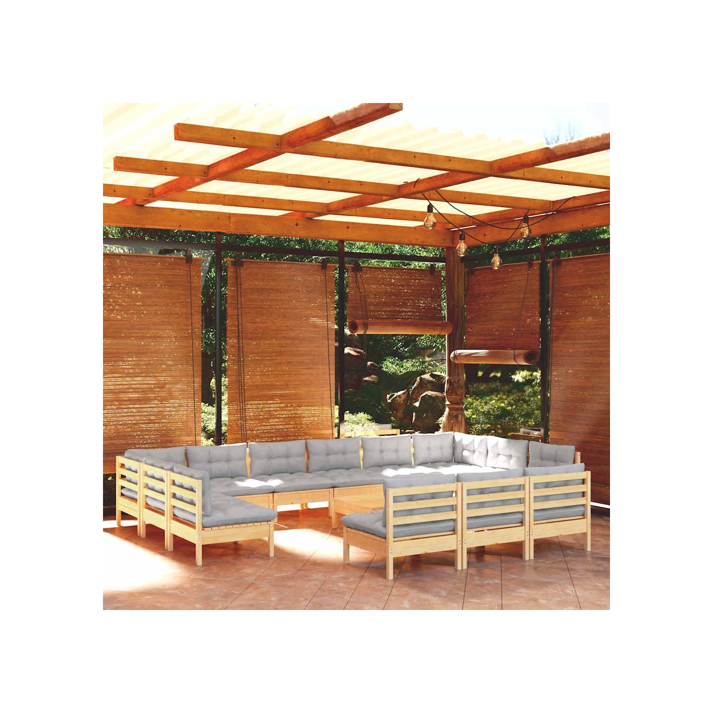 Salon de jardin 14 pcs avec coussins gris Bois de pin solide
