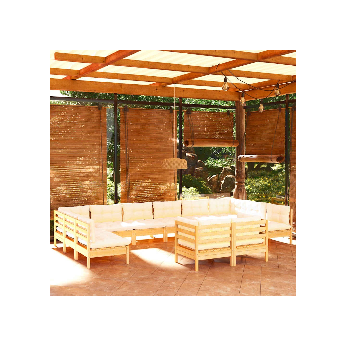 Salon de jardin 12 pcs avec coussins crème Bois de pin massif
