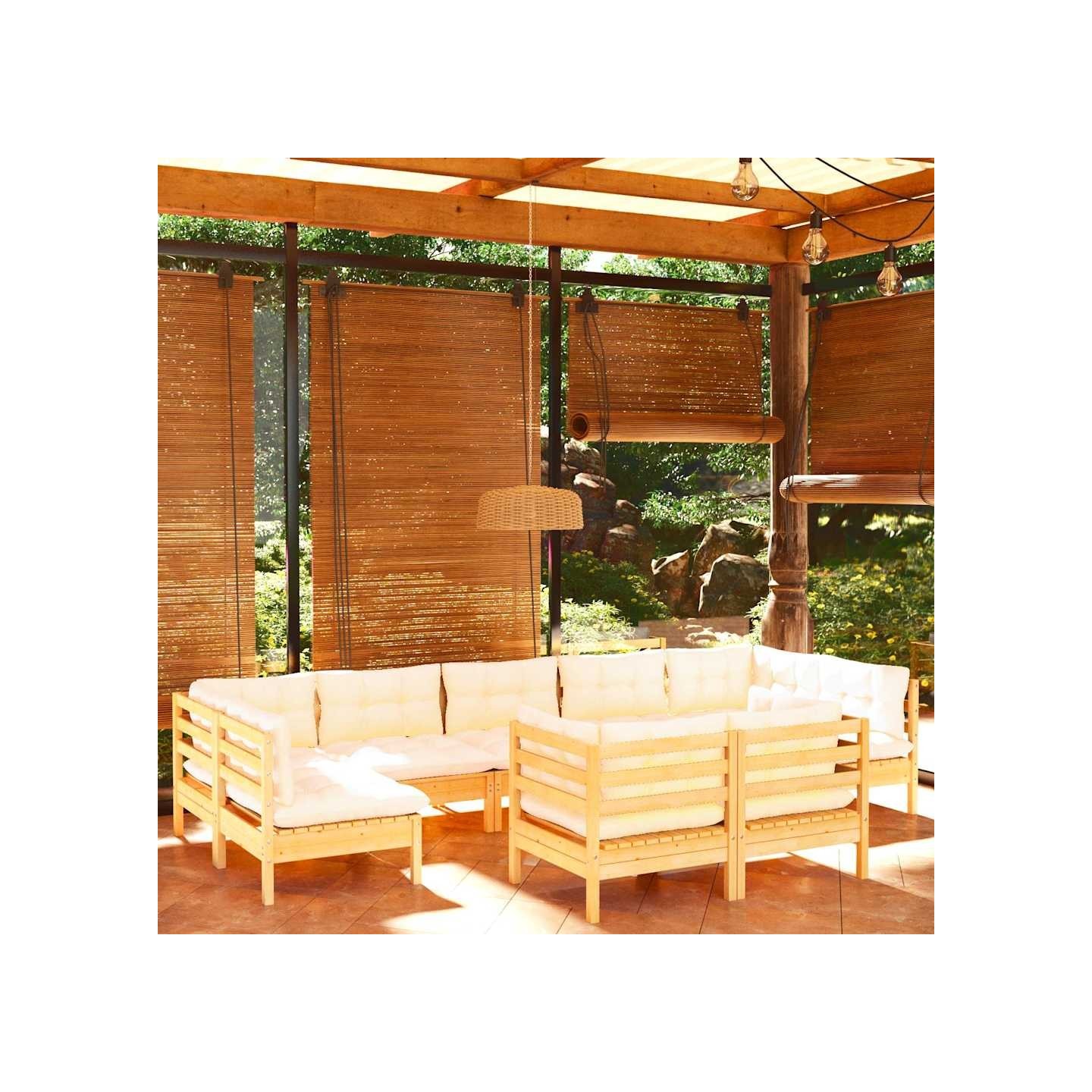 Salon de jardin 9 pcs avec coussins crème bois de pin massif