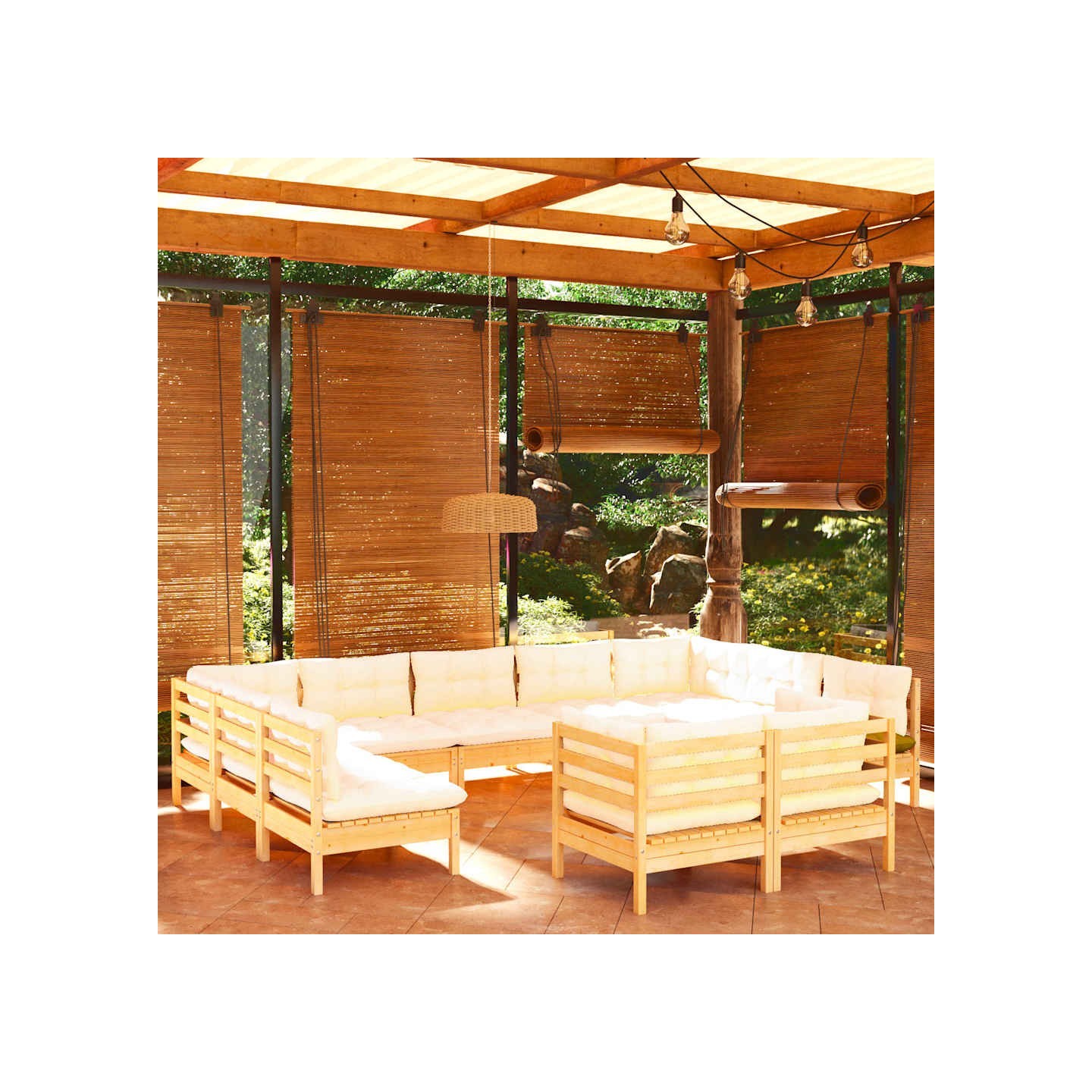 Salon de jardin 11 pcs avec coussins crème Bois de pin solide