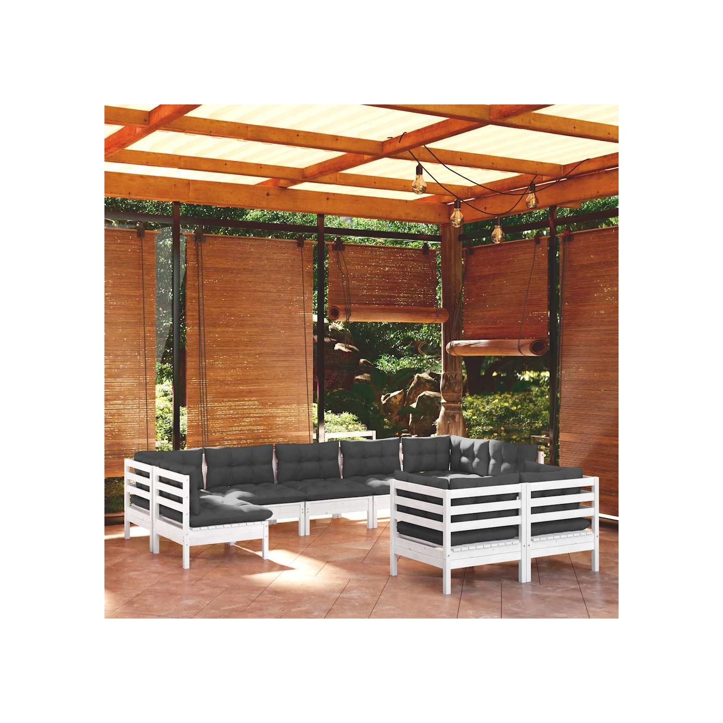 Salon de jardin 9 pcs avec coussins blanc bois de pin massif