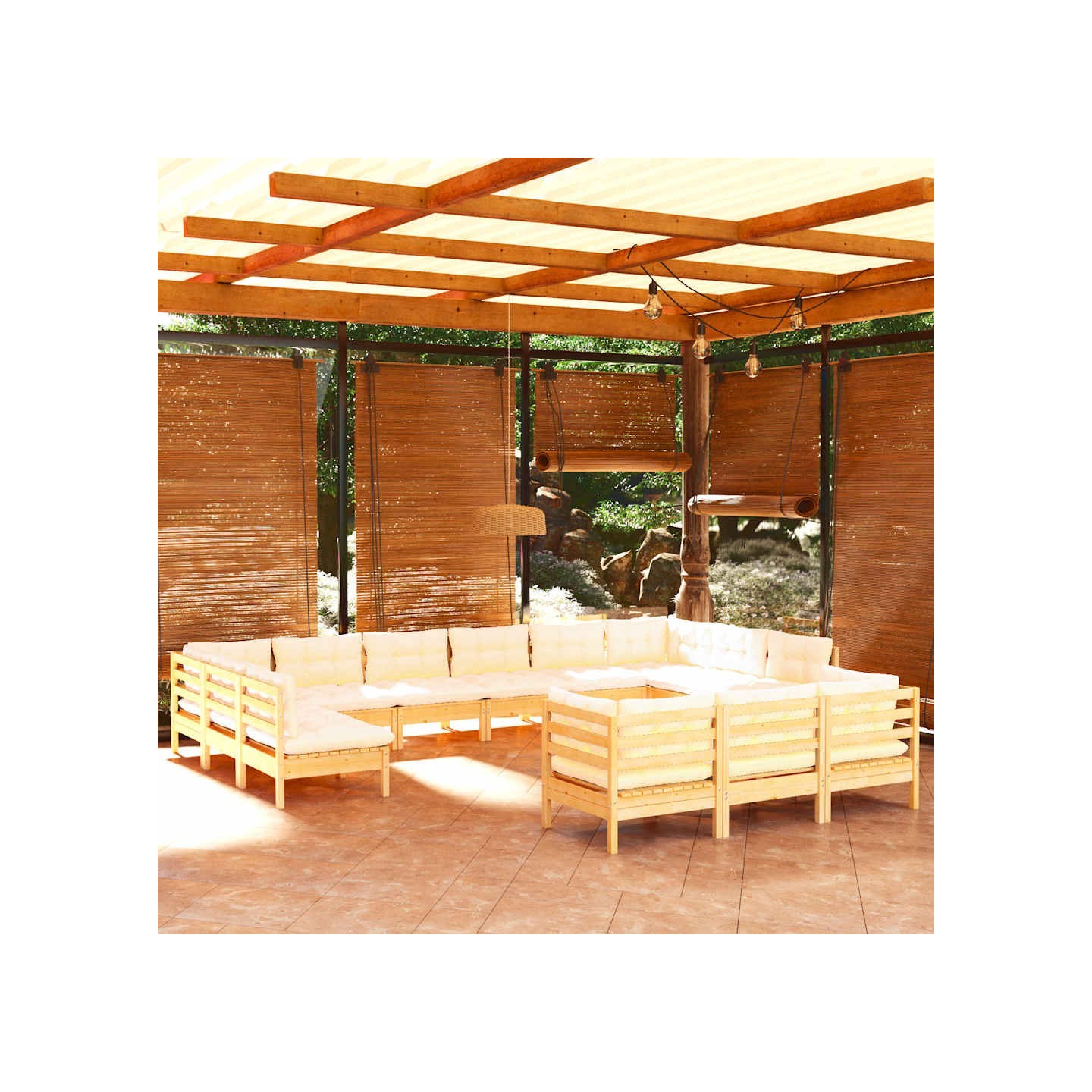 Salon de jardin 13 pcs avec coussins crème bois de pin