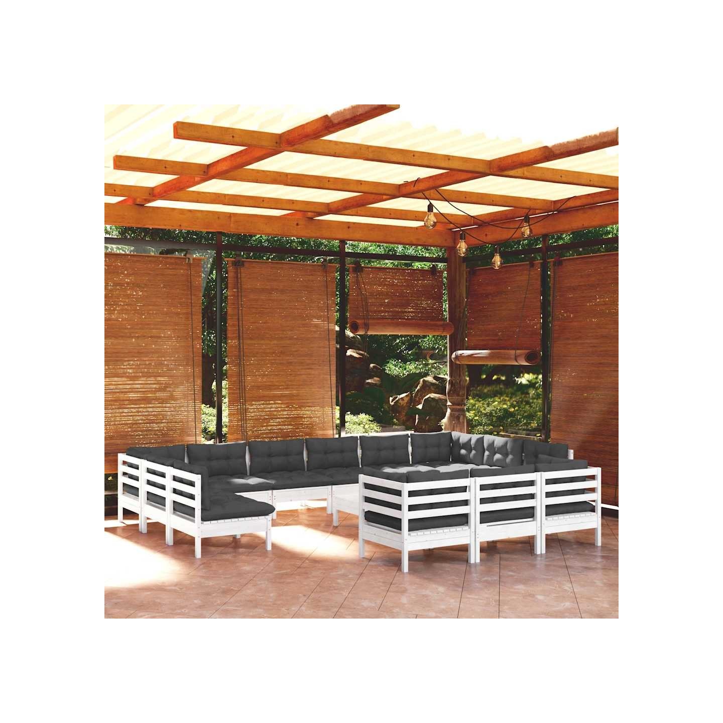 Salon de jardin 14 pcs avec coussins blanc bois de pin