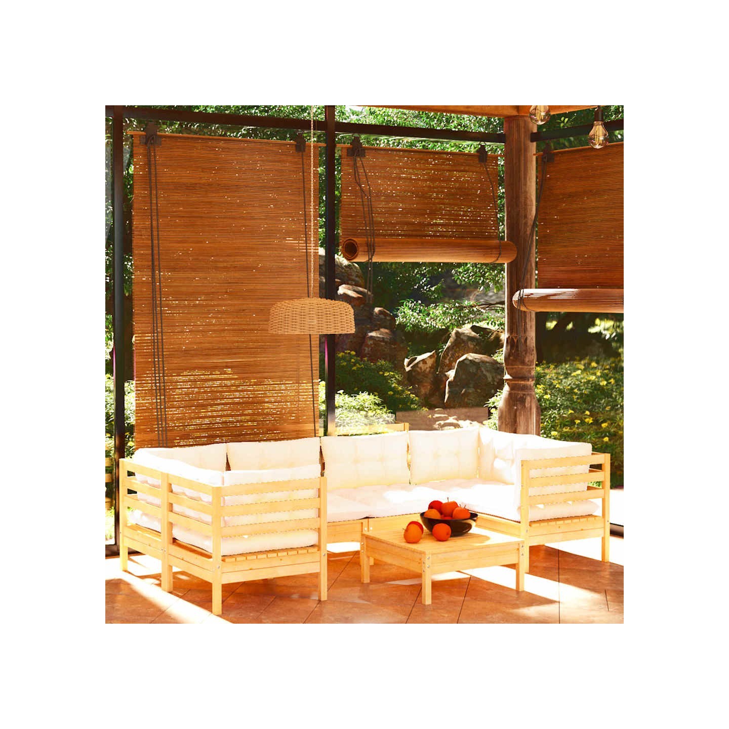 Salon de jardin 7 pcs avec coussins crème bois de pin