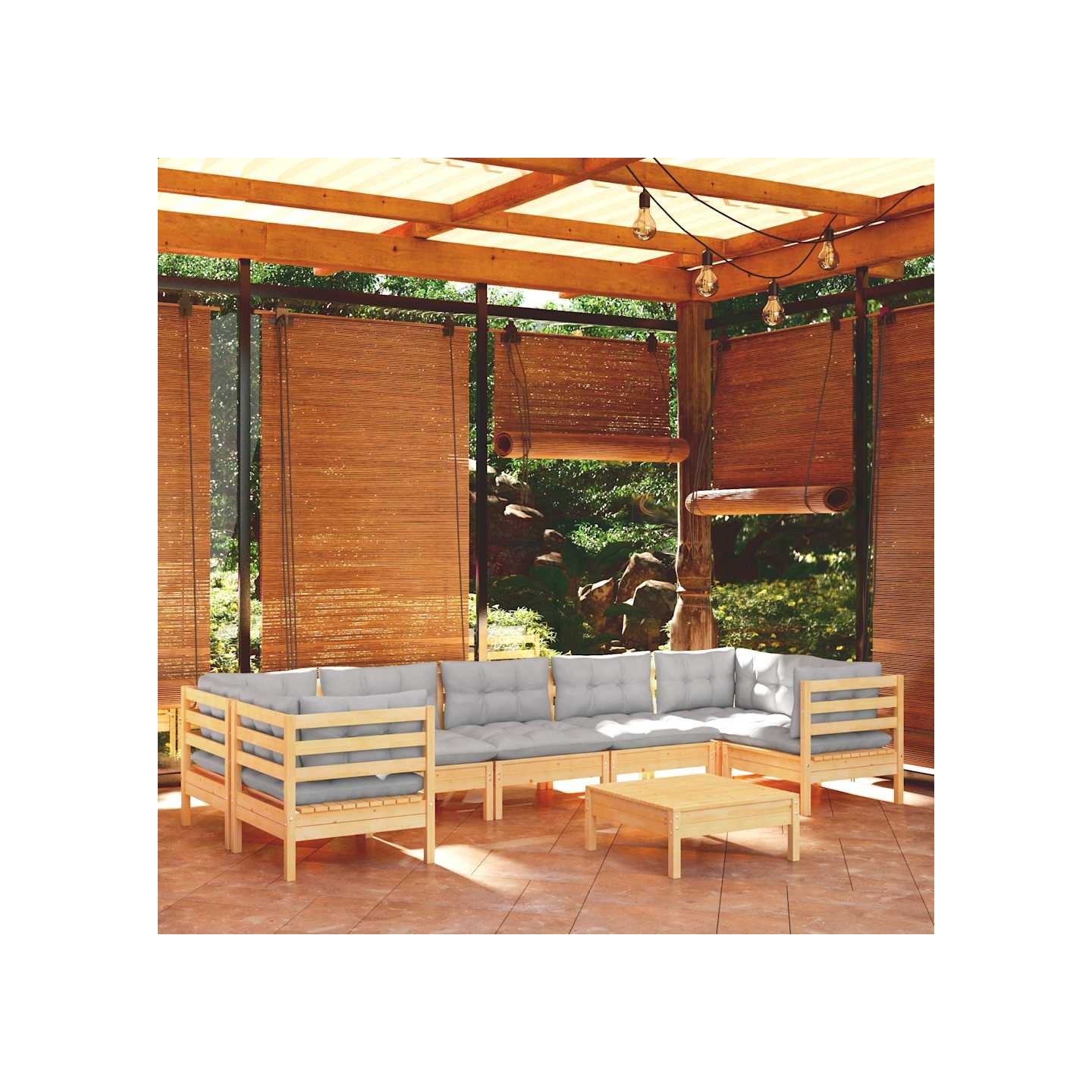 Salon de jardin 8 pcs avec coussins gris Bois de pin
