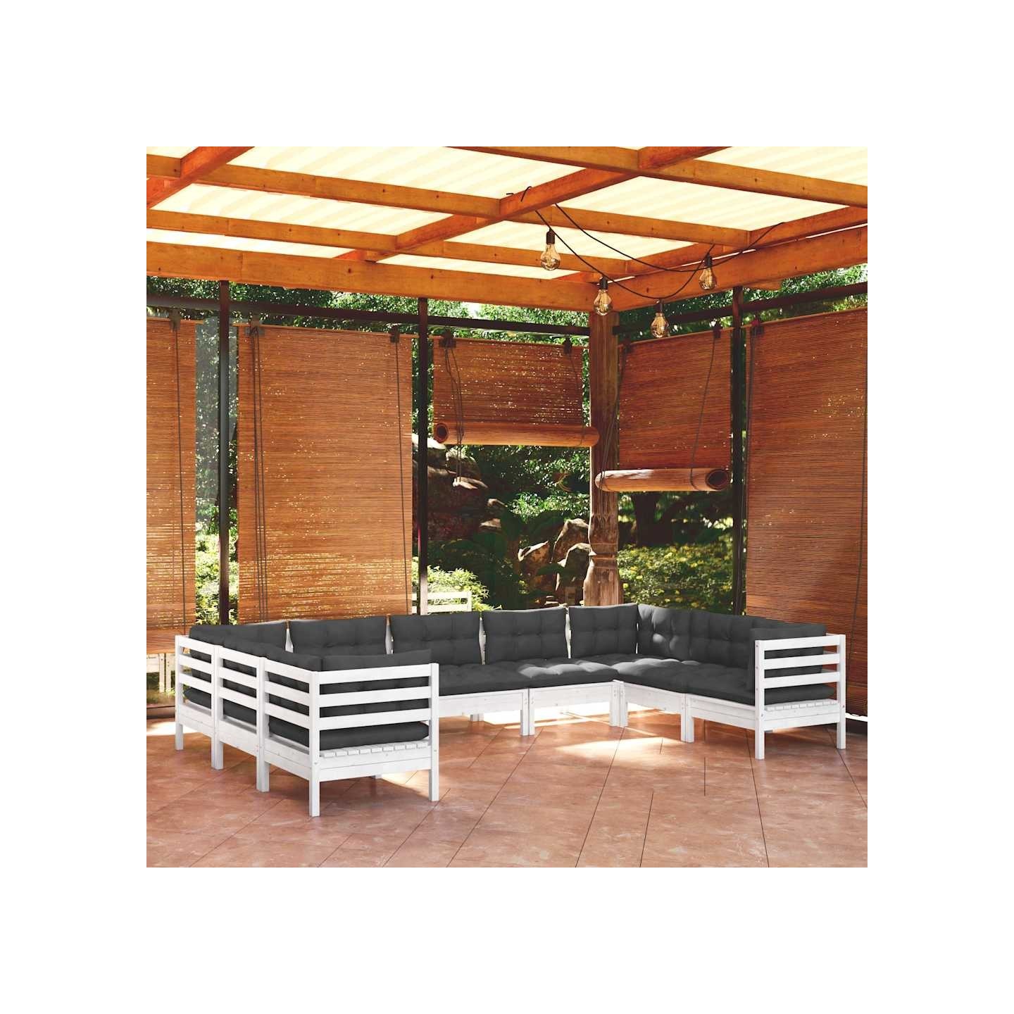 Salon de jardin 9 pcs avec coussins blanc bois de pin