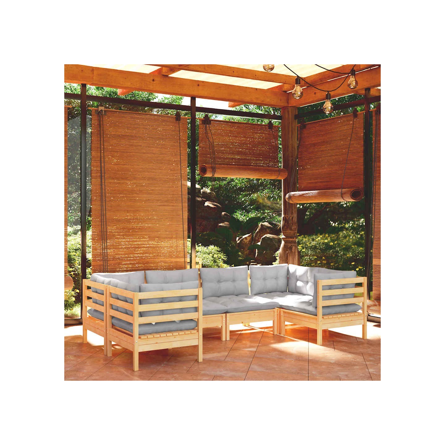 Salon de jardin 6 pcs avec coussins gris bois de pin