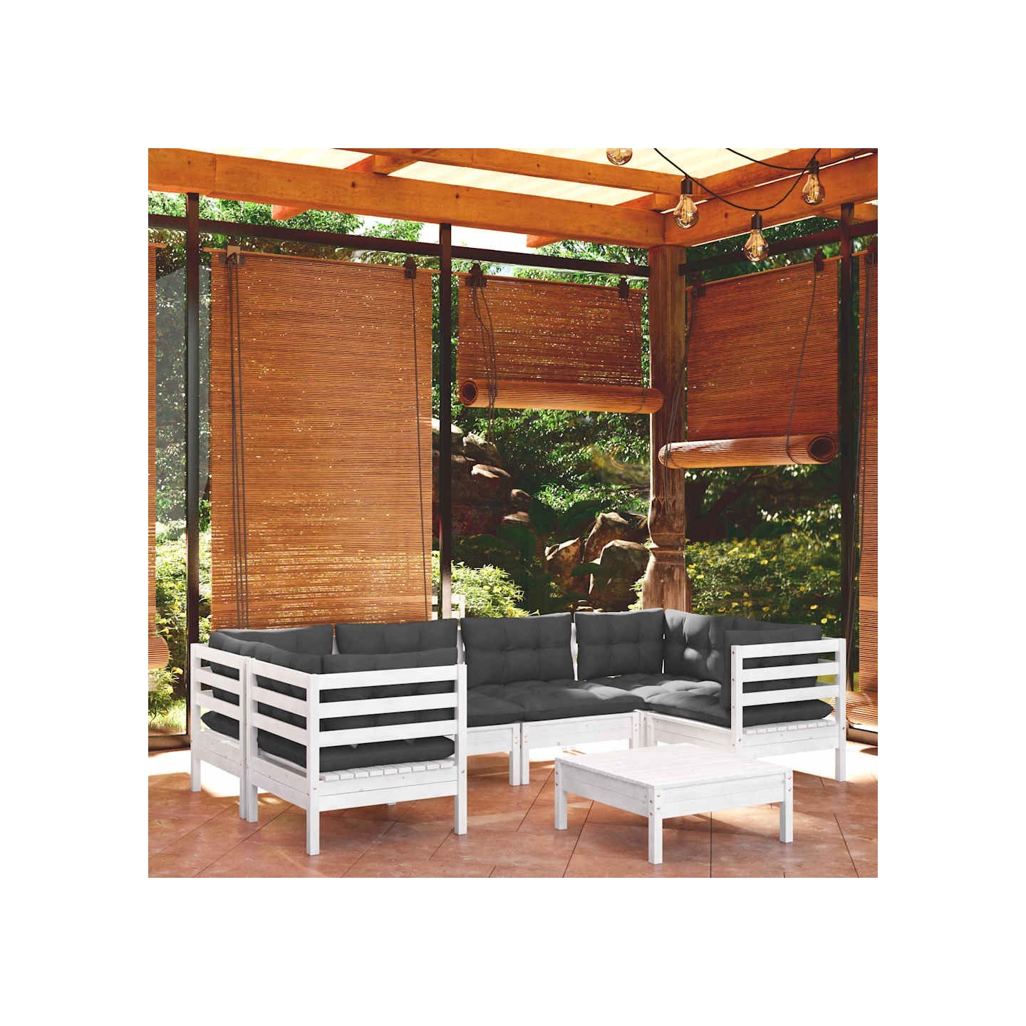 Salon de jardin 7 pcs avec coussins blanc bois de pin