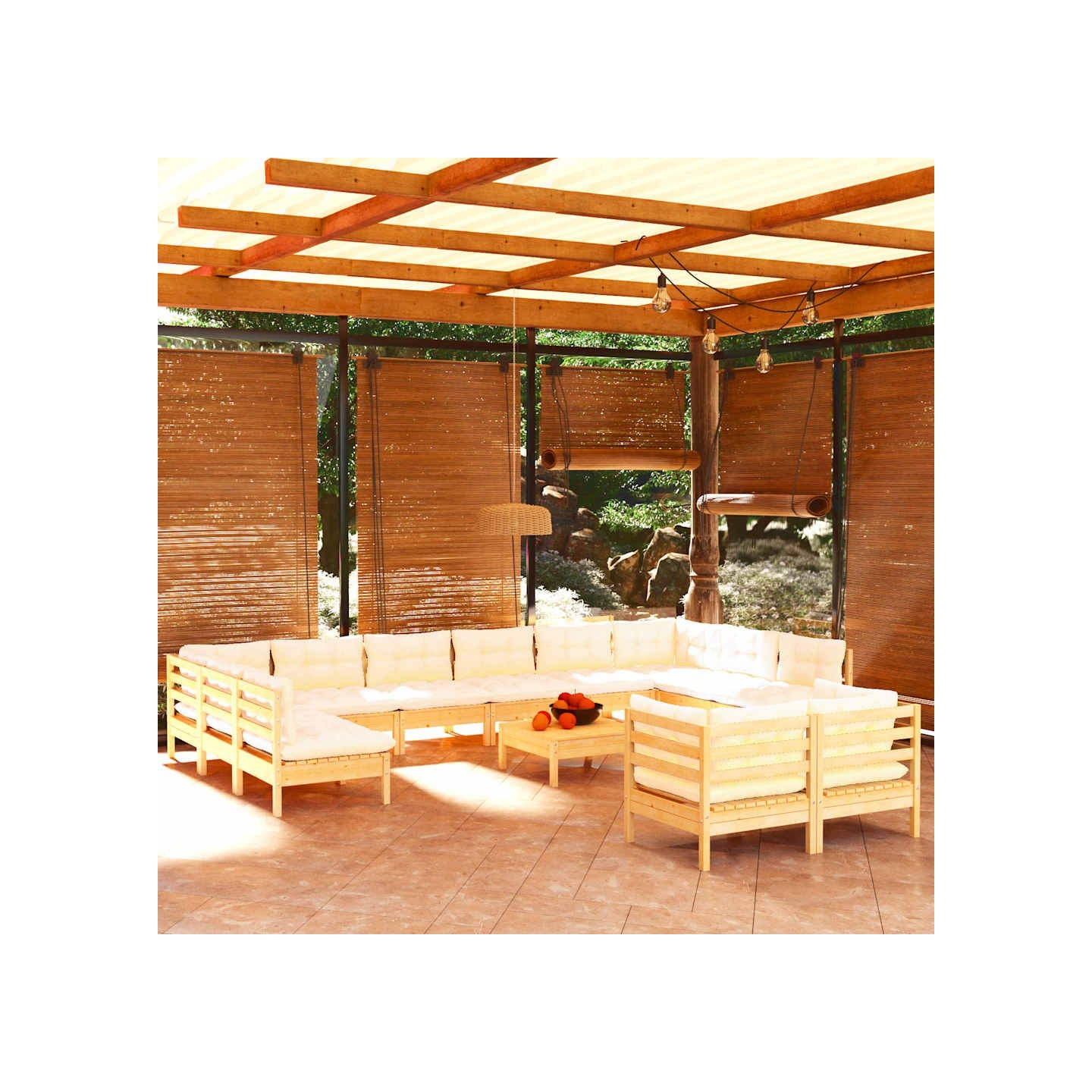 Salon de jardin 13 pcs avec coussins crème bois de pin