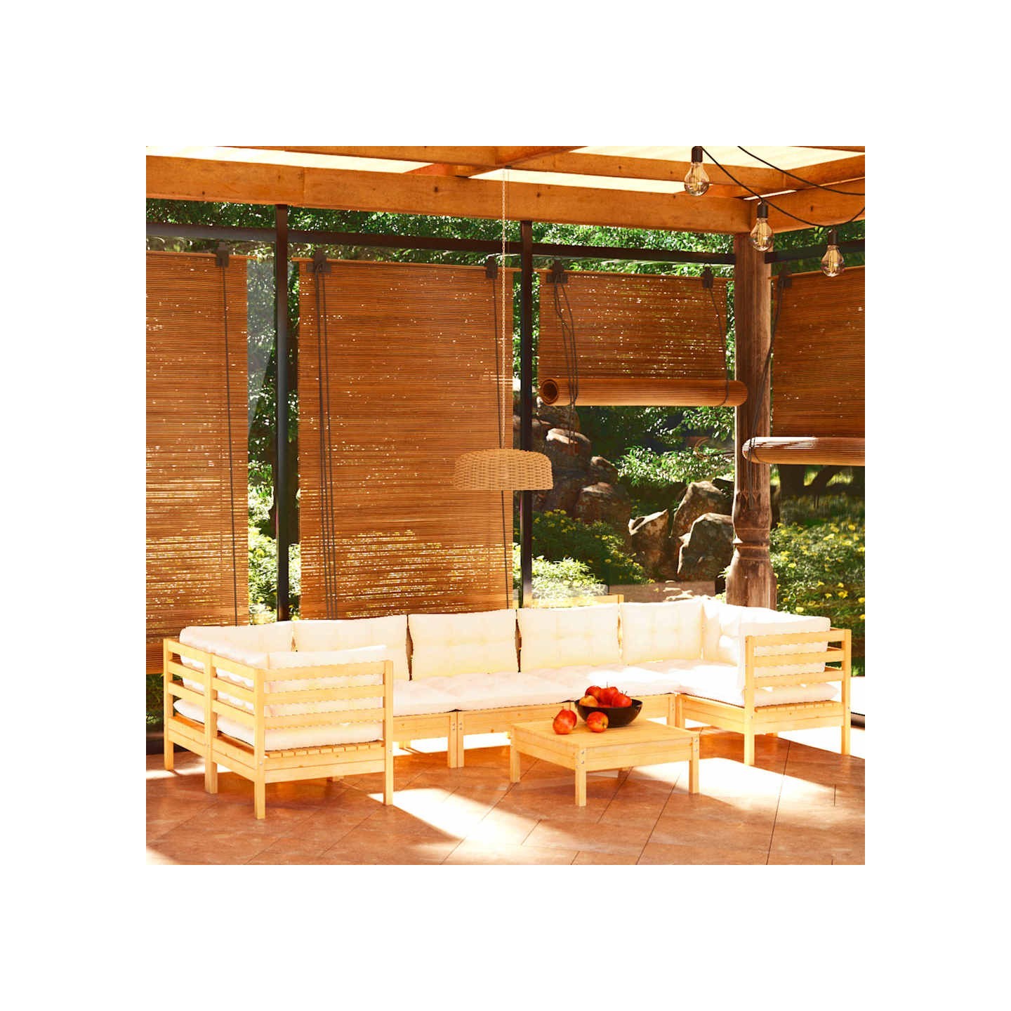 Salon de jardin 8 pcs avec coussins crème Bois de pin