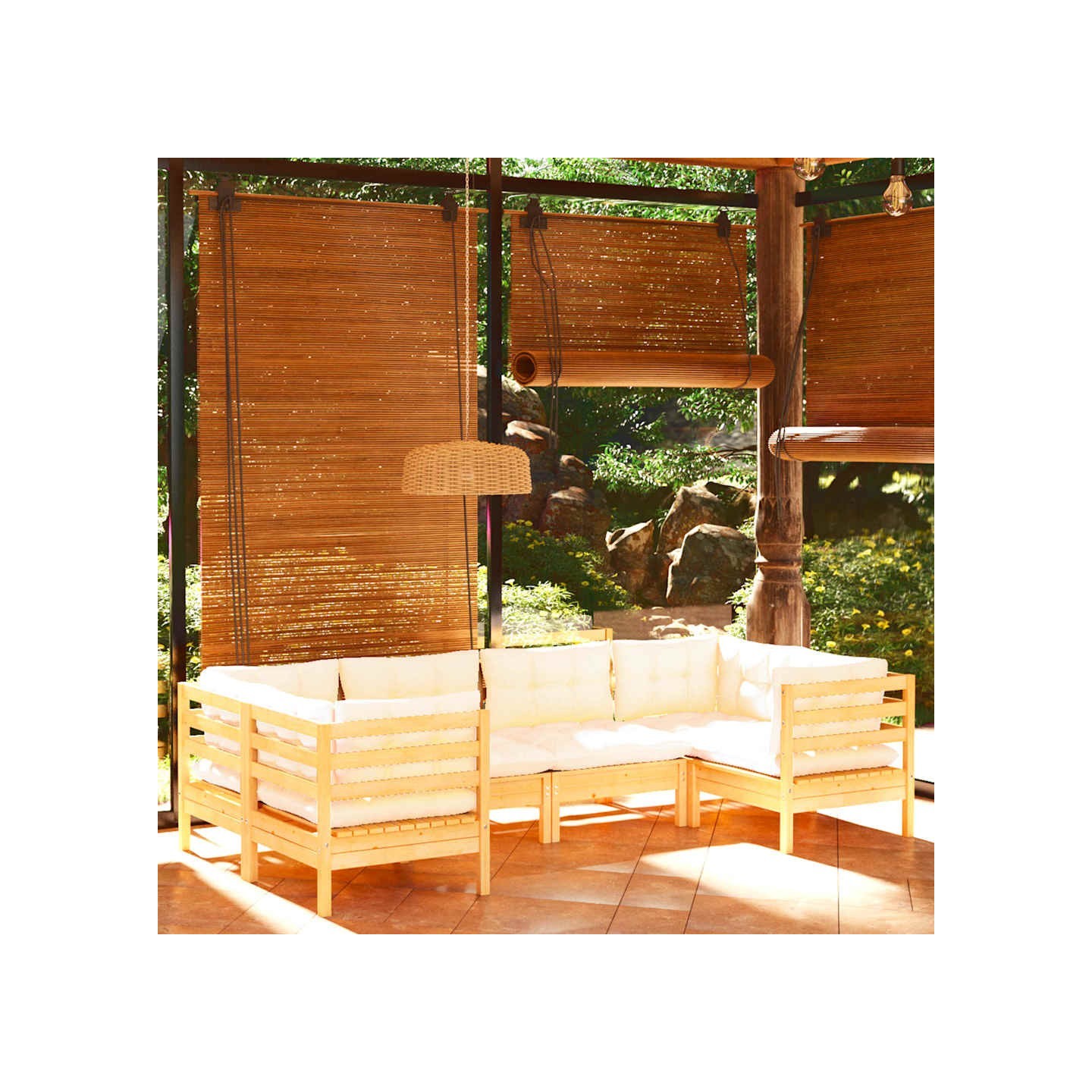 Salon de jardin 6 pcs avec coussins crème bois de pin