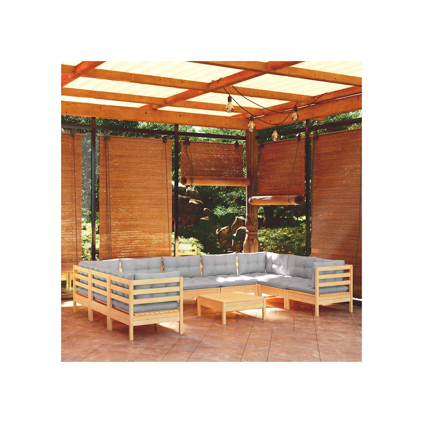 Salon de jardin 10 pcs avec coussins gris Bois de pin