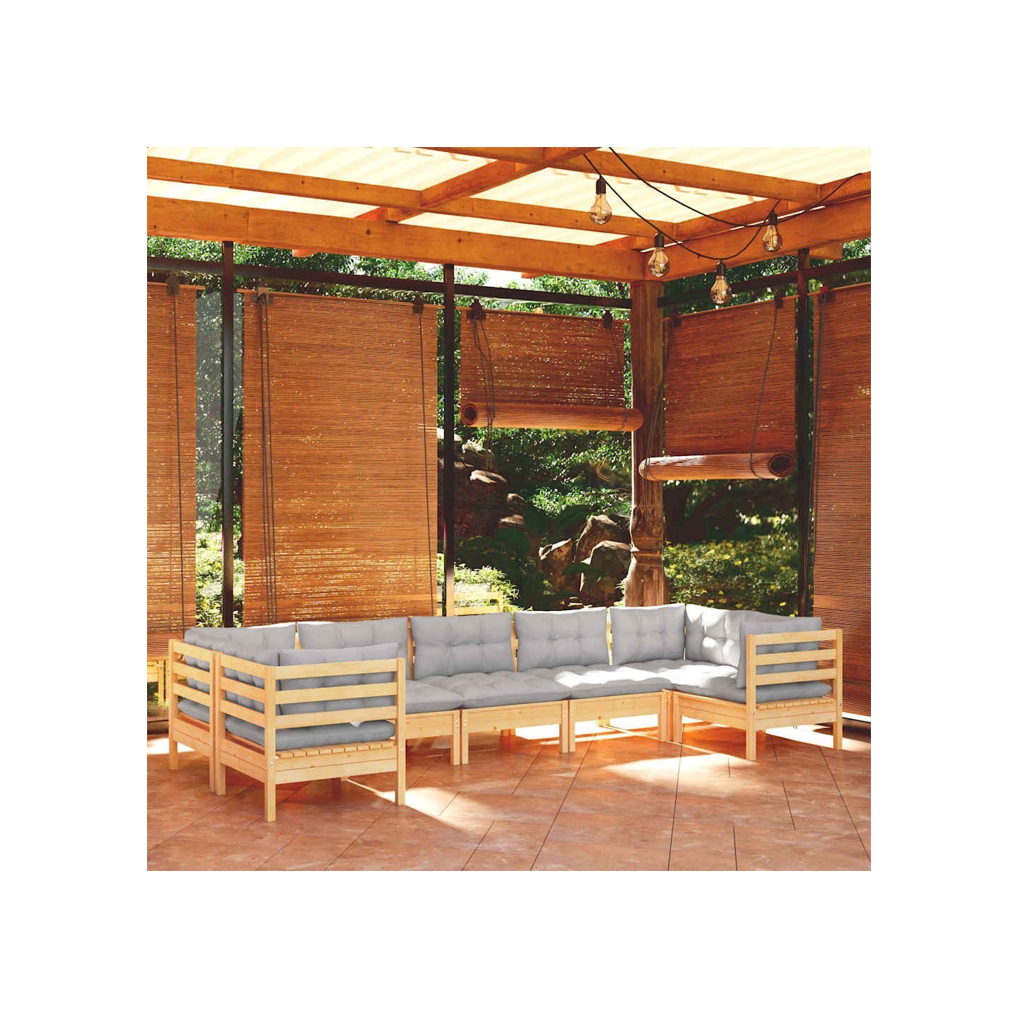 Salon de jardin 7 pcs avec coussins gris bois de pin
