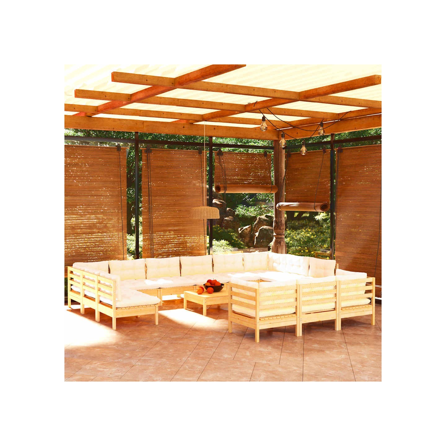 Salon de jardin 14 pcs avec coussins crème Bois de pin