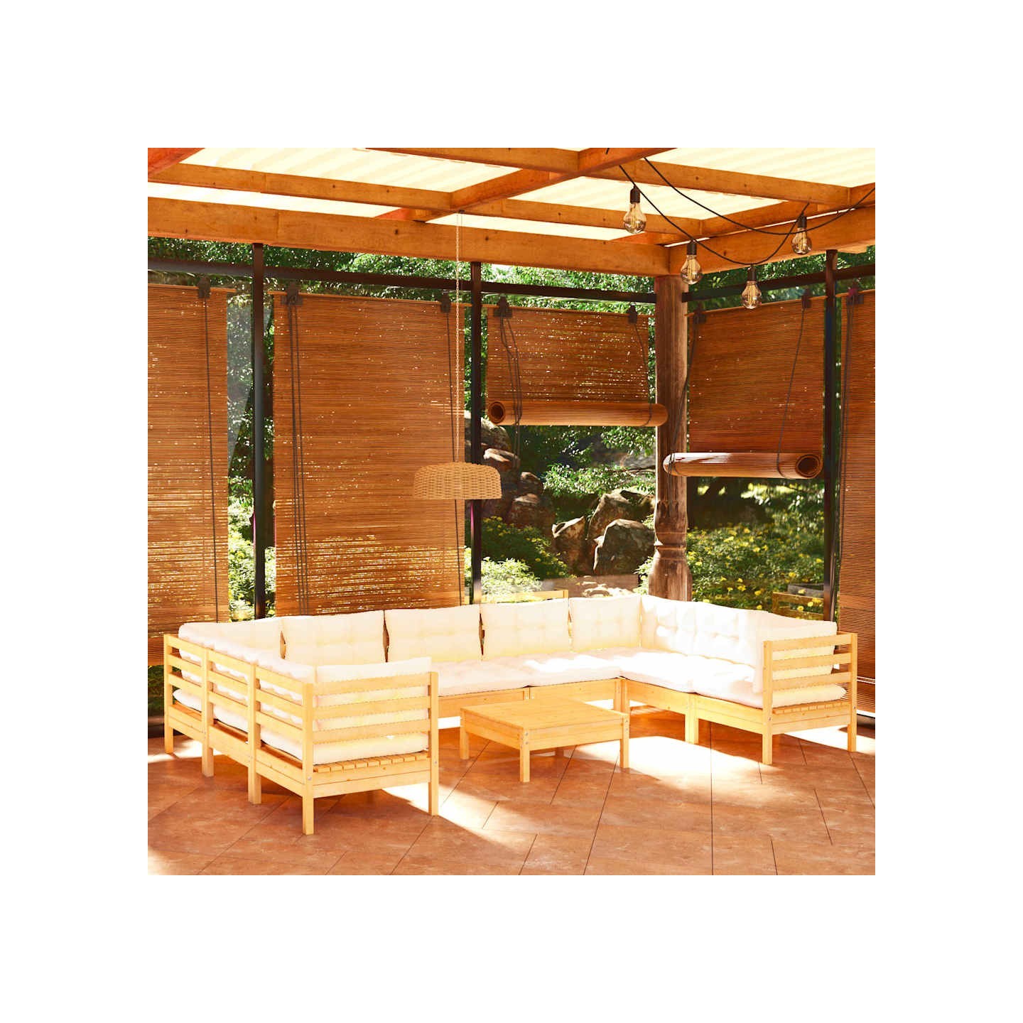 Salon de jardin 10 pcs avec coussins crème Bois de pin