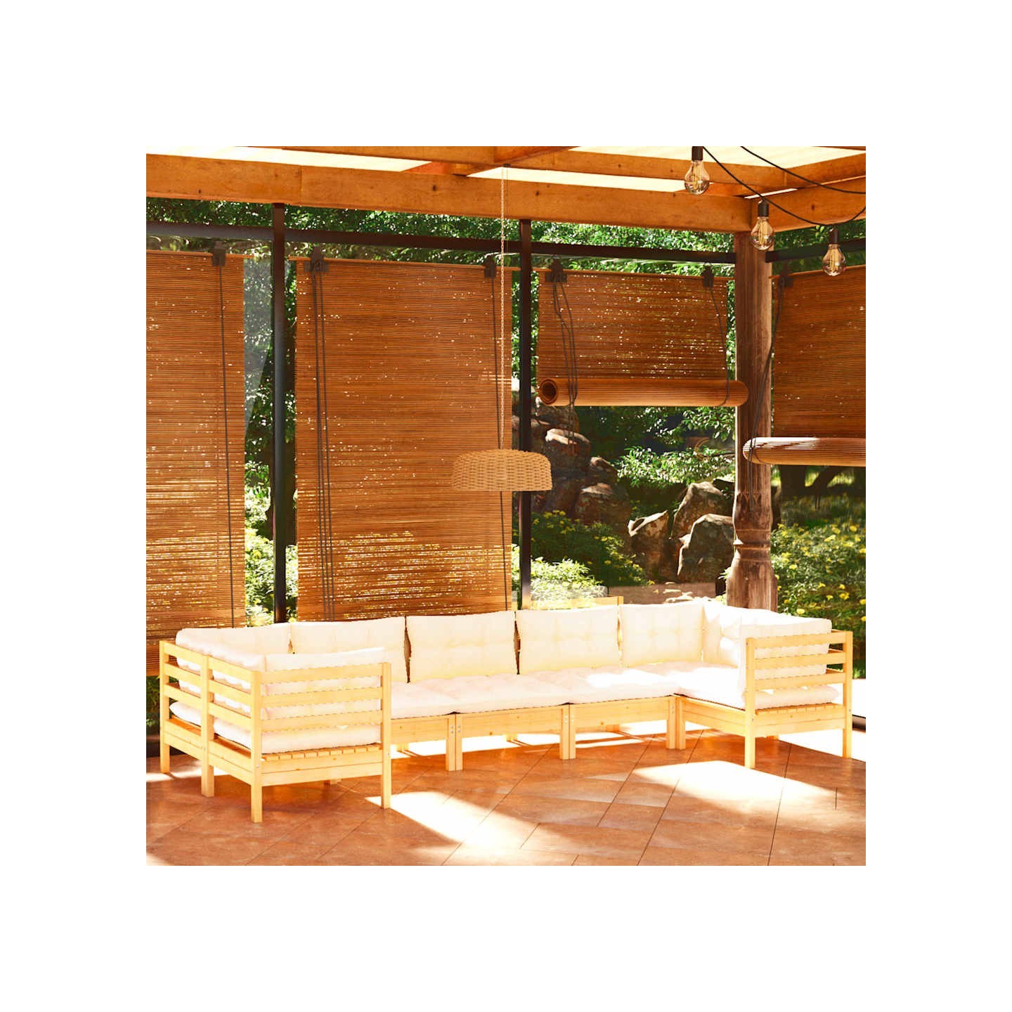 Salon de jardin 7 pcs avec coussins crème bois de pin