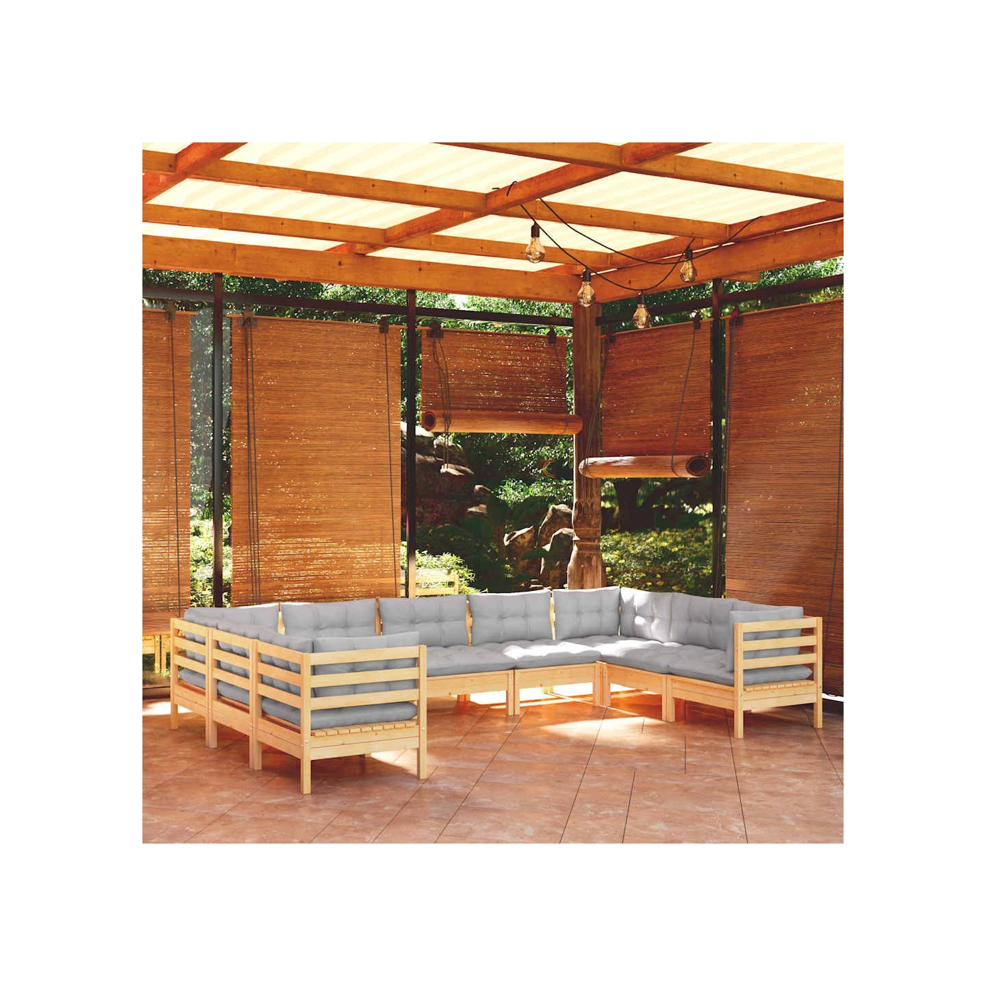 Salon de jardin 9 pcs avec coussins gris bois de pin