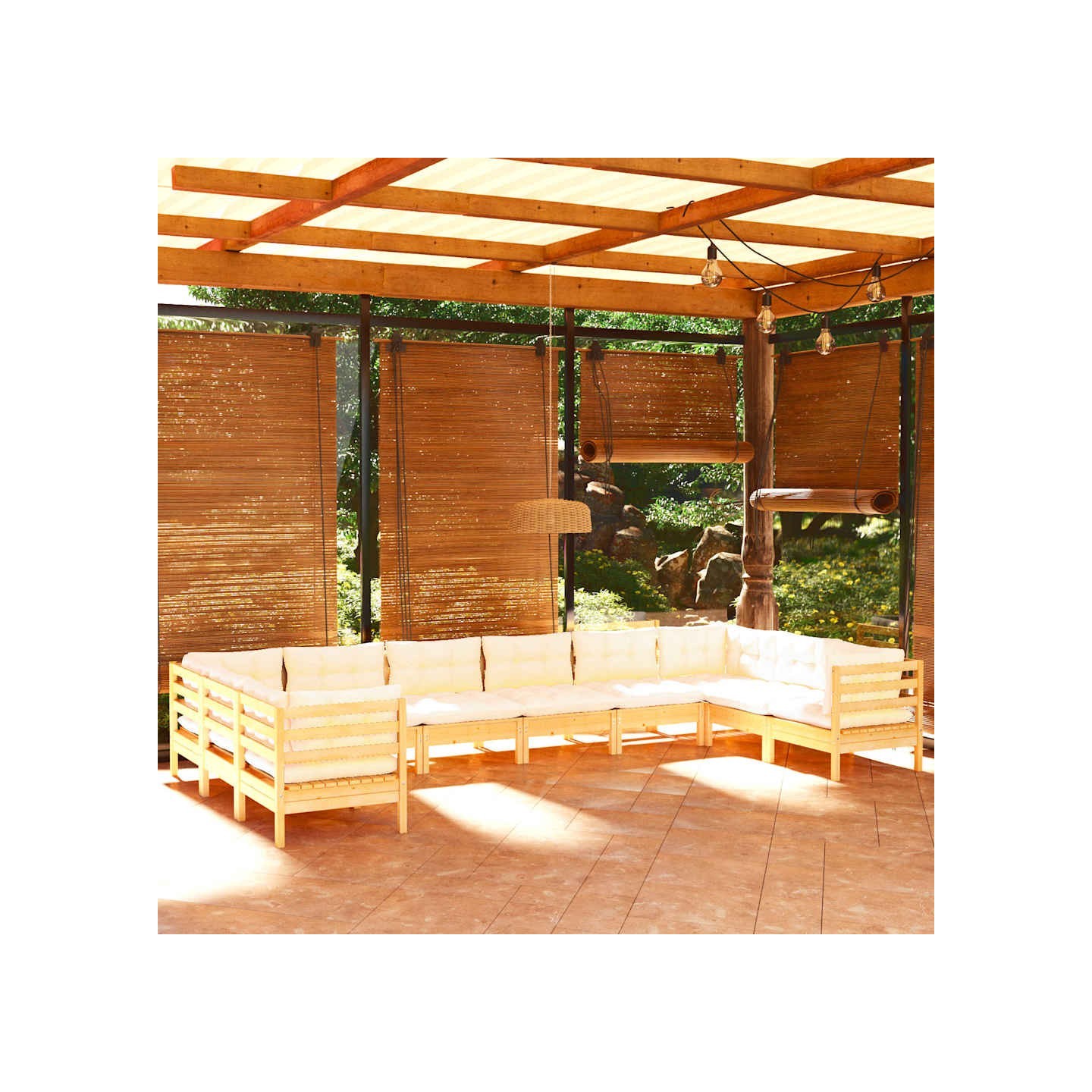 Salon de jardin 10 pcs avec coussins crème Bois de pin