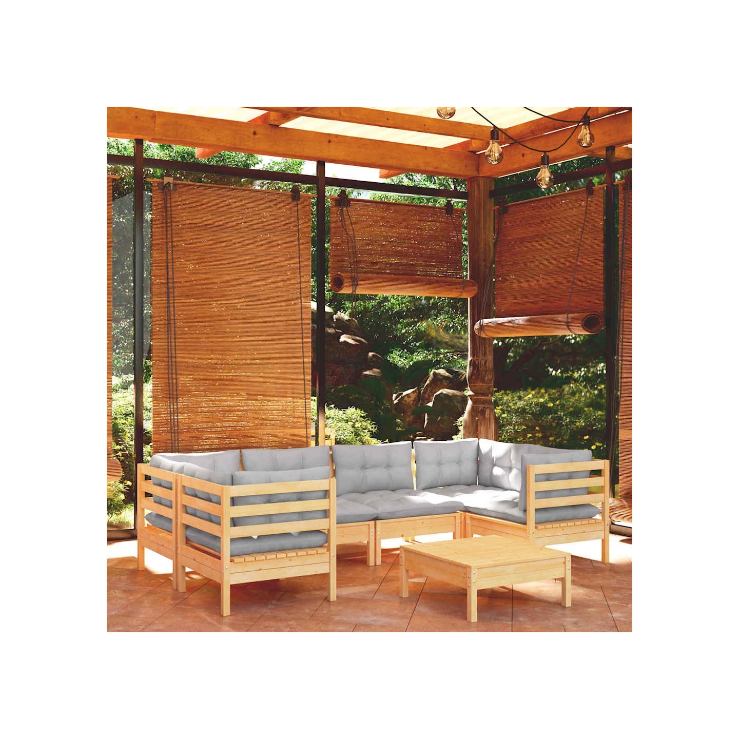 Salon de jardin 7 pcs avec coussins gris bois de pin