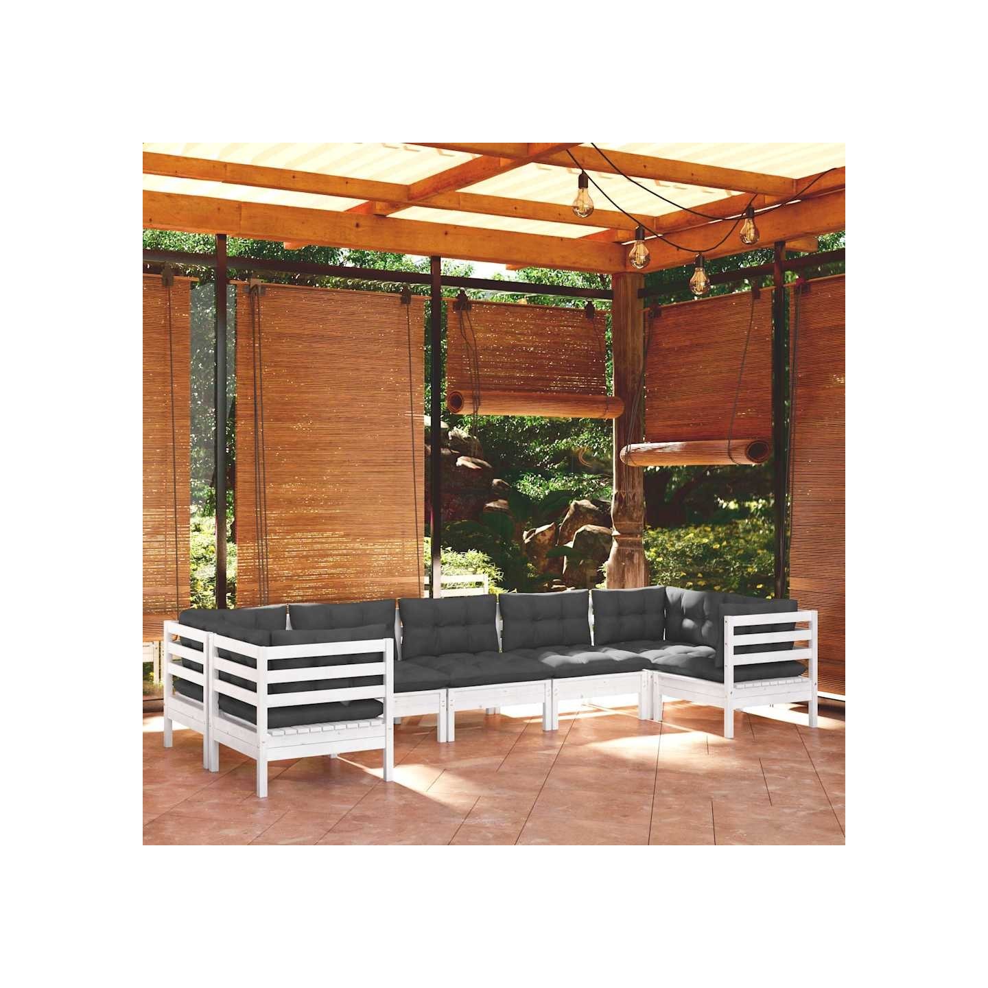 Salon de jardin 7 pcs avec coussins blanc bois de pin