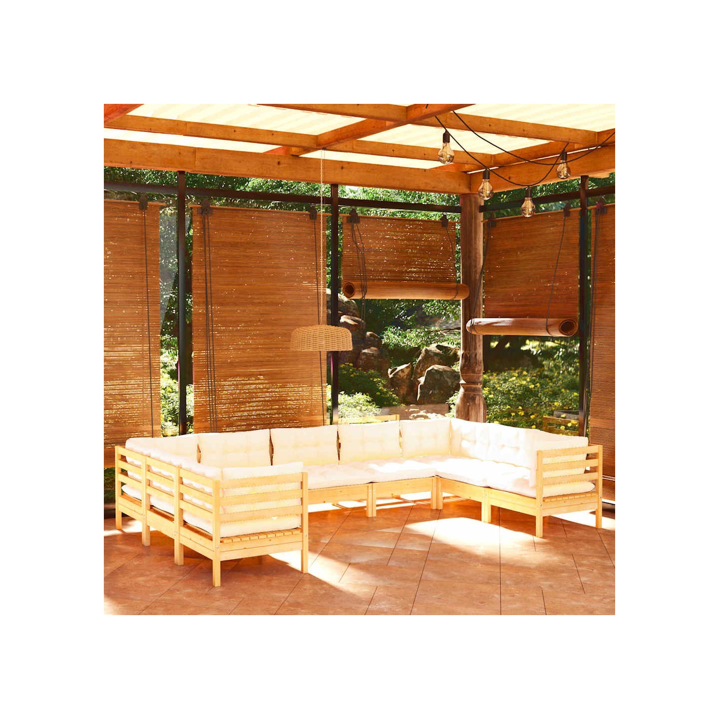 Salon de jardin 9 pcs avec coussins crème bois de pin