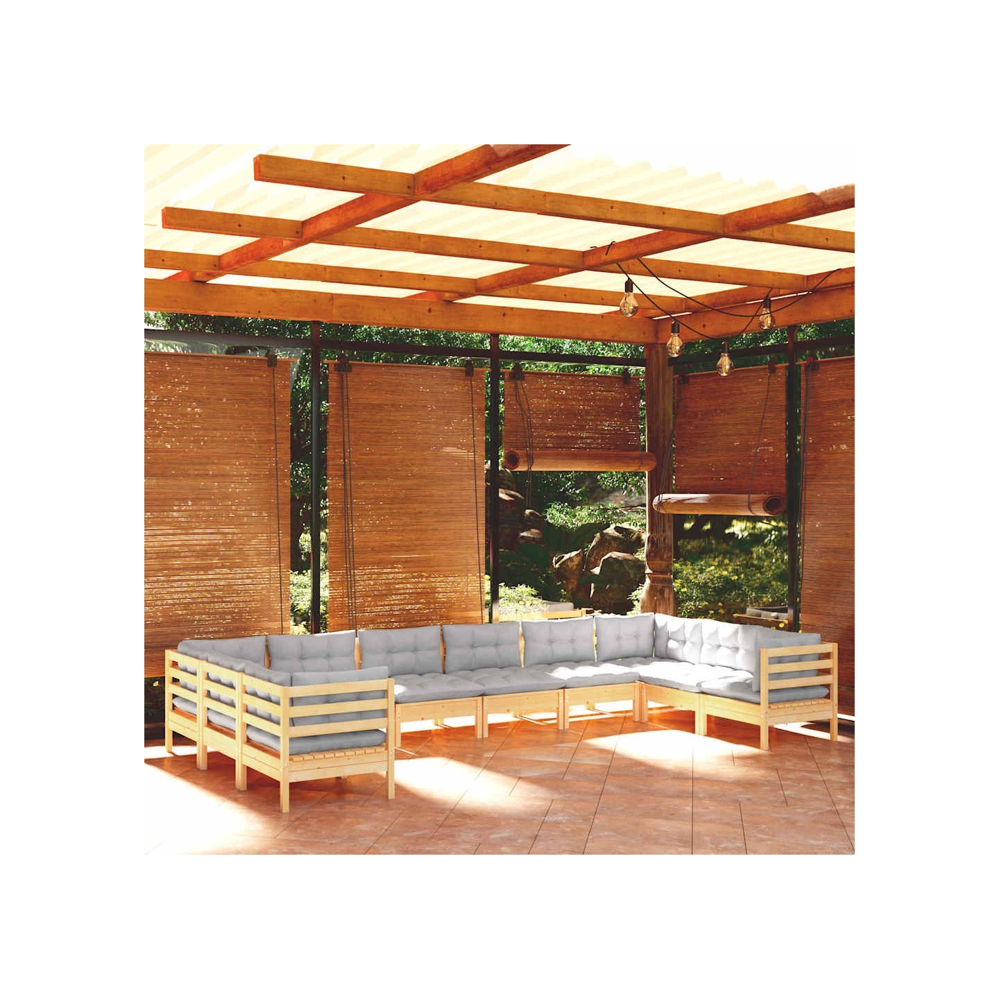 Salon de jardin 10 pcs avec coussins gris Bois de pin