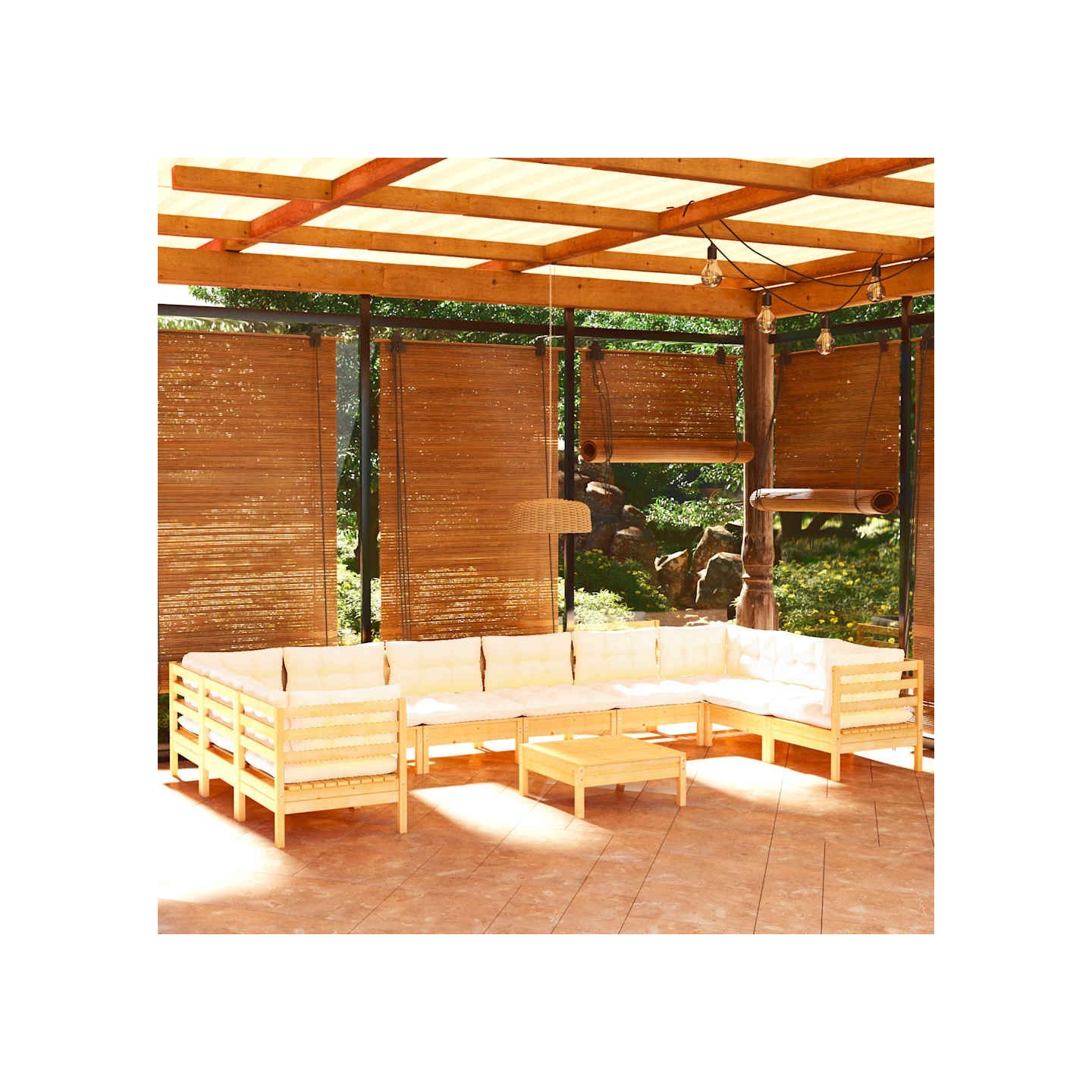 Salon de jardin 11 pcs avec coussins crème bois de pin