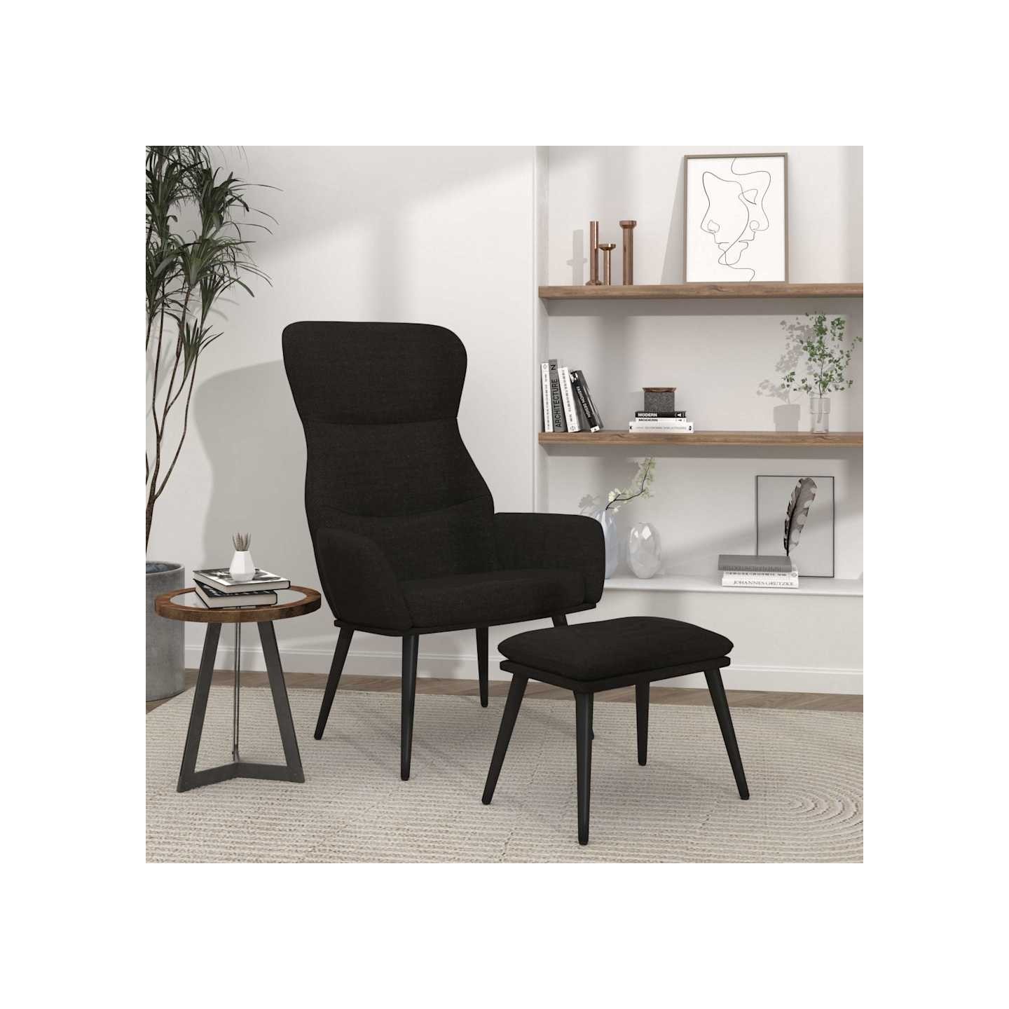 Chaise de relaxation avec tabouret Noir Tissu
