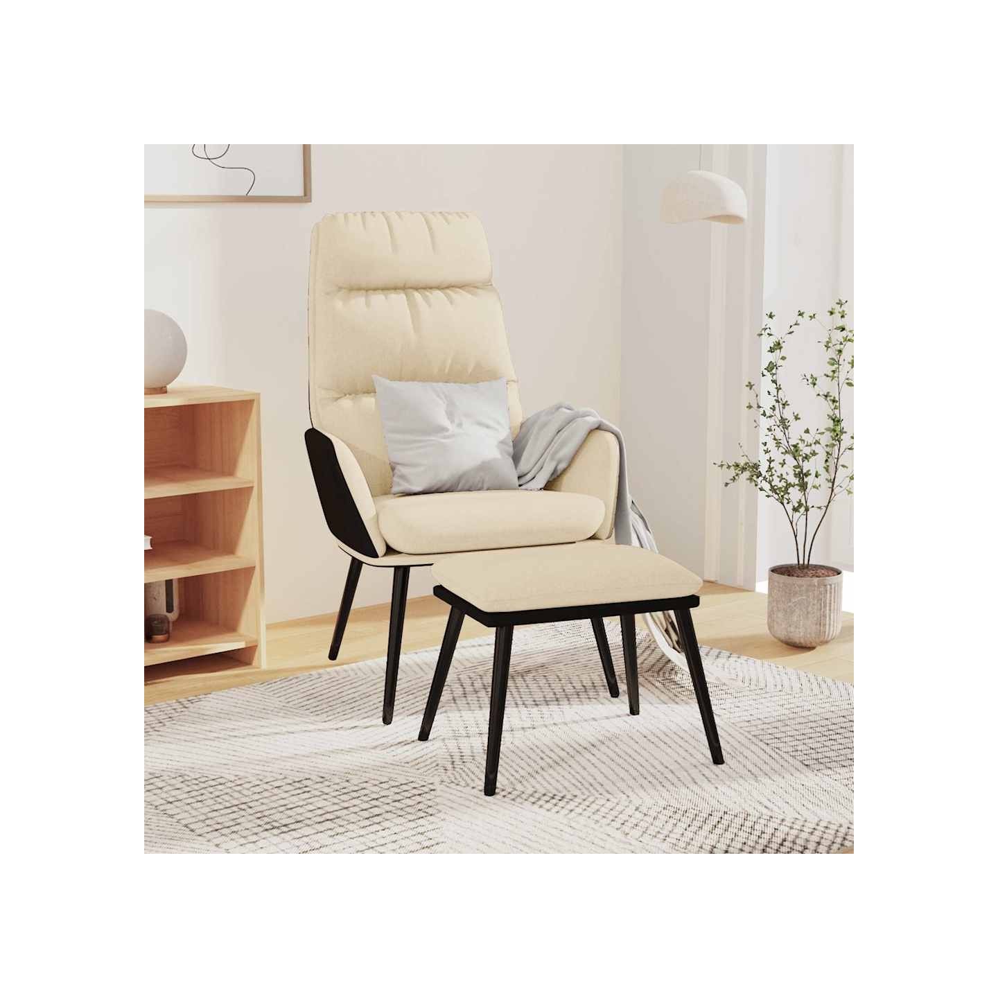 Chaise de relaxation avec tabouret Crème Tissu et similicuir