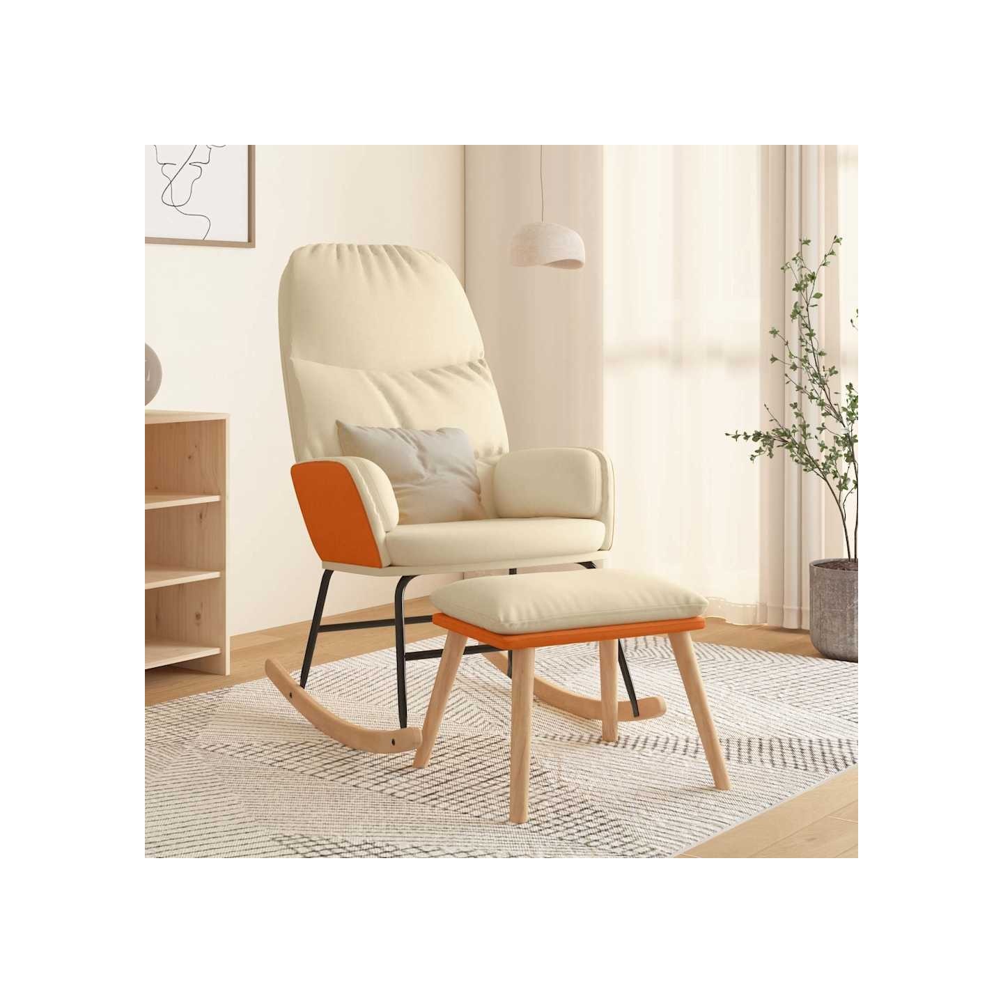 Chaise à bascule avec tabouret Blanc crème Tissu
