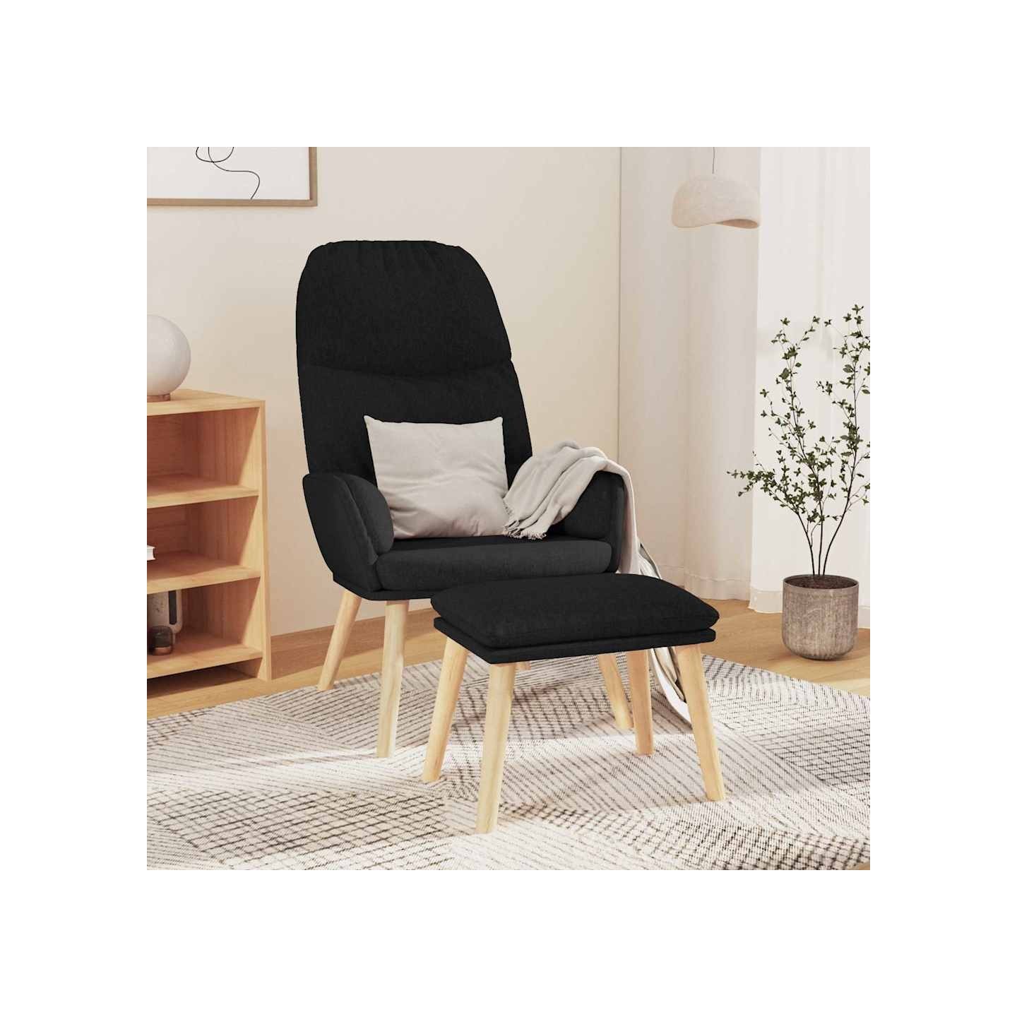 Chaise de relaxation avec tabouret Noir Tissu